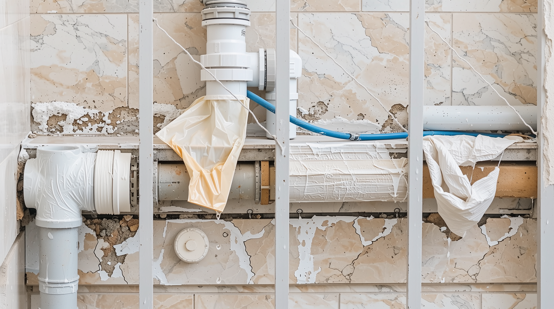 베란다 누수 임시보수, 방수층 보수, 크랙 보수, 배관 교체 등 수리 단계별 모습 합성 이미지