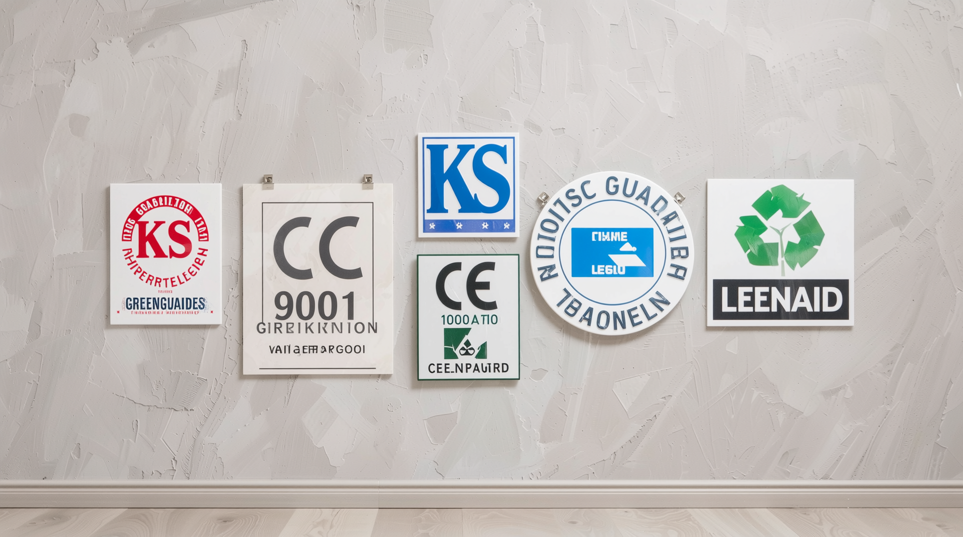 바닥재 안전 인증 마크와 인증서들이 전시된 모습