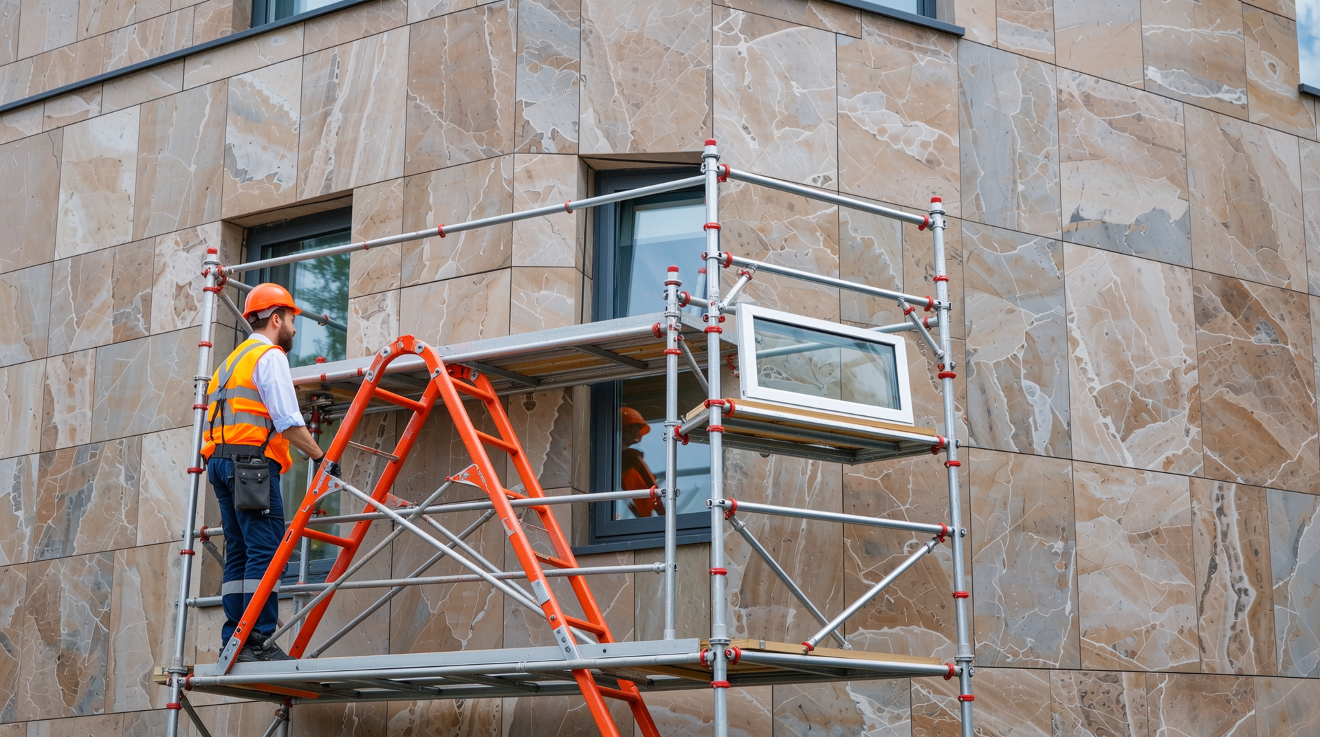 전문 작업자가 고층 건물 벽에 알루미늄 창호를 설치하는 모습