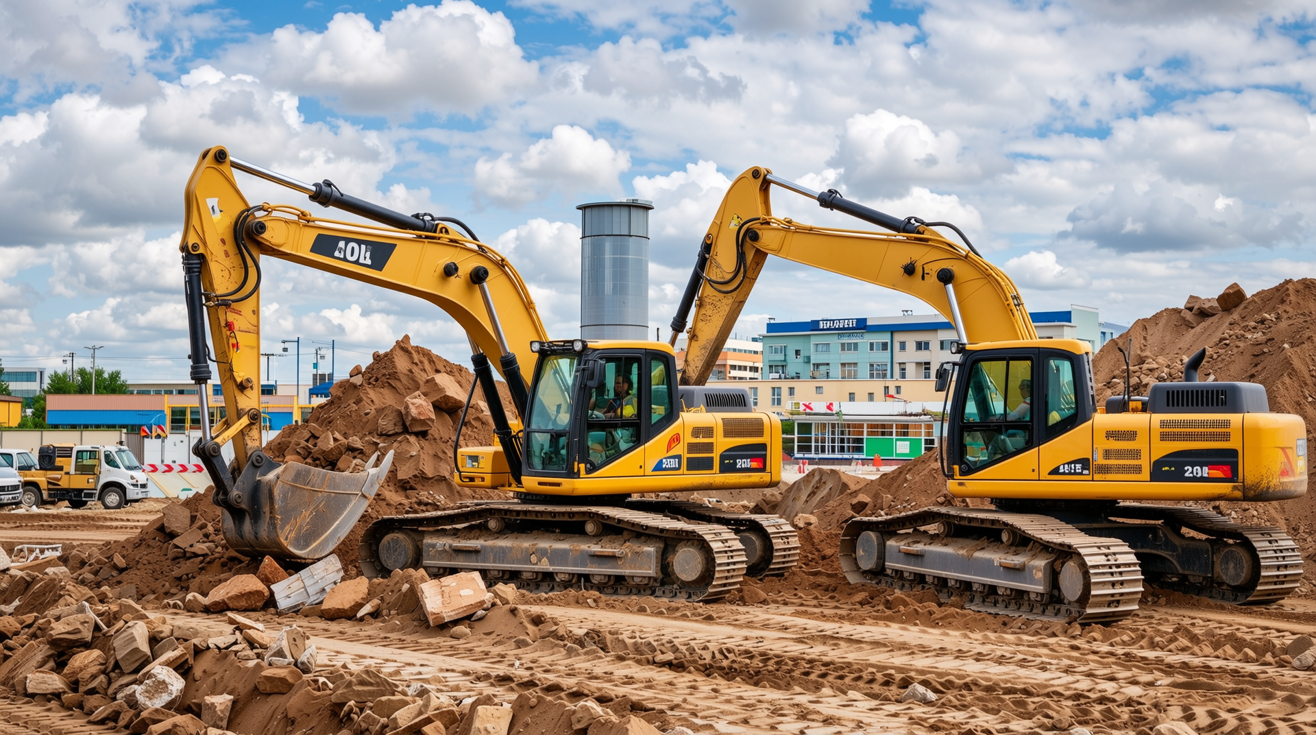 건설 현장에서 신품 굴착기와 중고 굴착기를 나란히 비교 촬영한 실사 사진