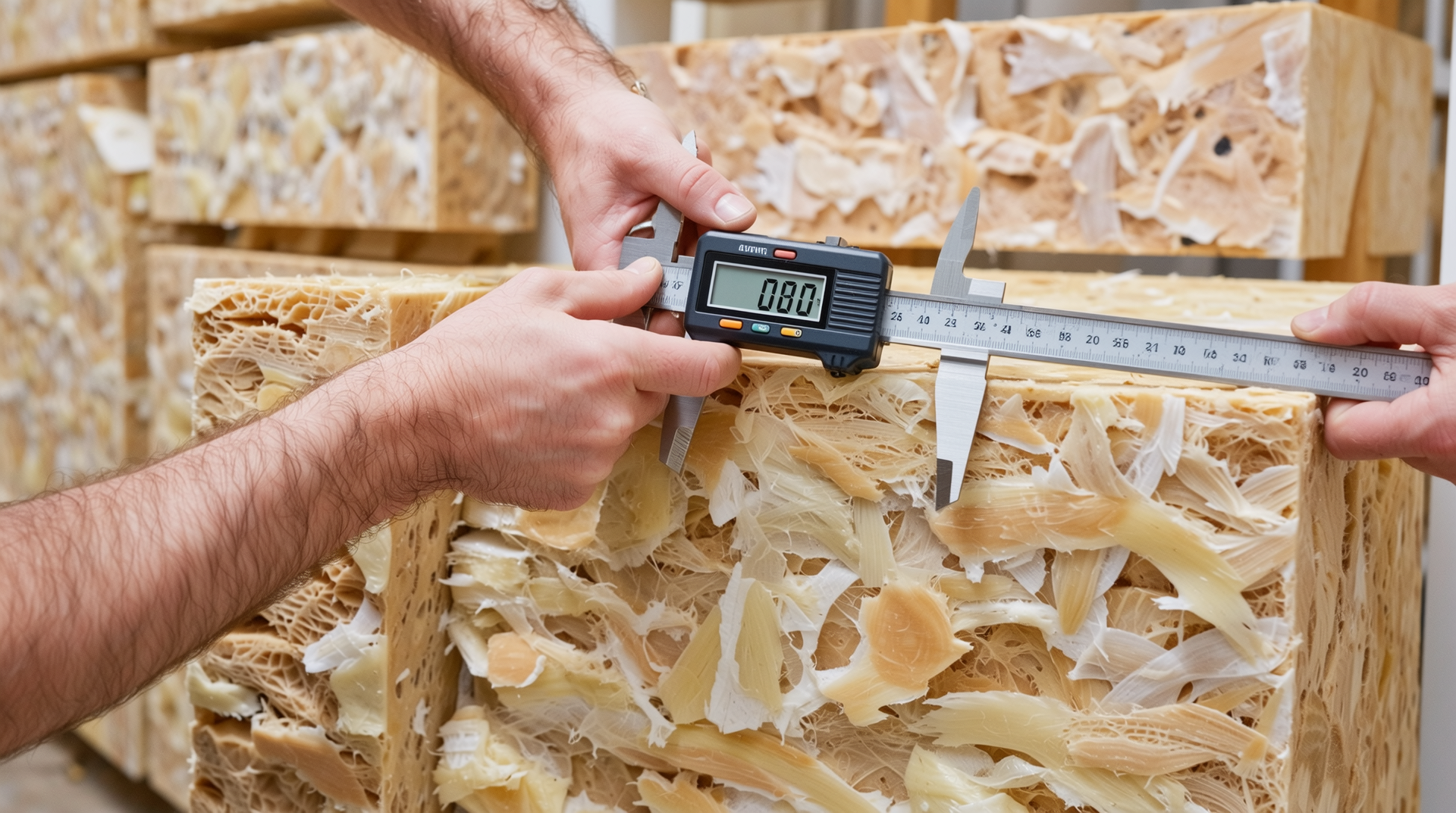 건설 현장에서 단열재 두께를 디지털 게이지로 측정하여 2025년 기준 준수 여부를 확인하는 모습