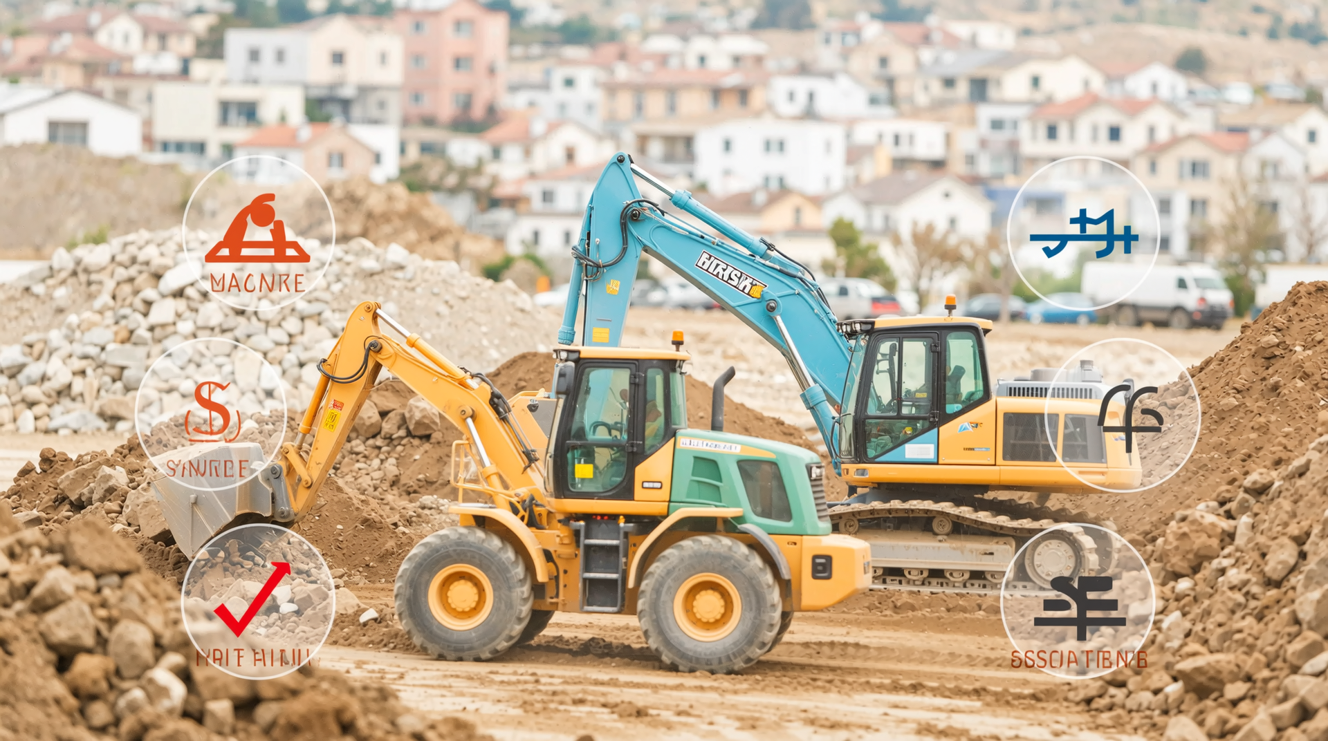 임대 경비 절감을 위한 전략과 팁을 강조하는 건설기계와 비용 절감 관련 시각적 요소