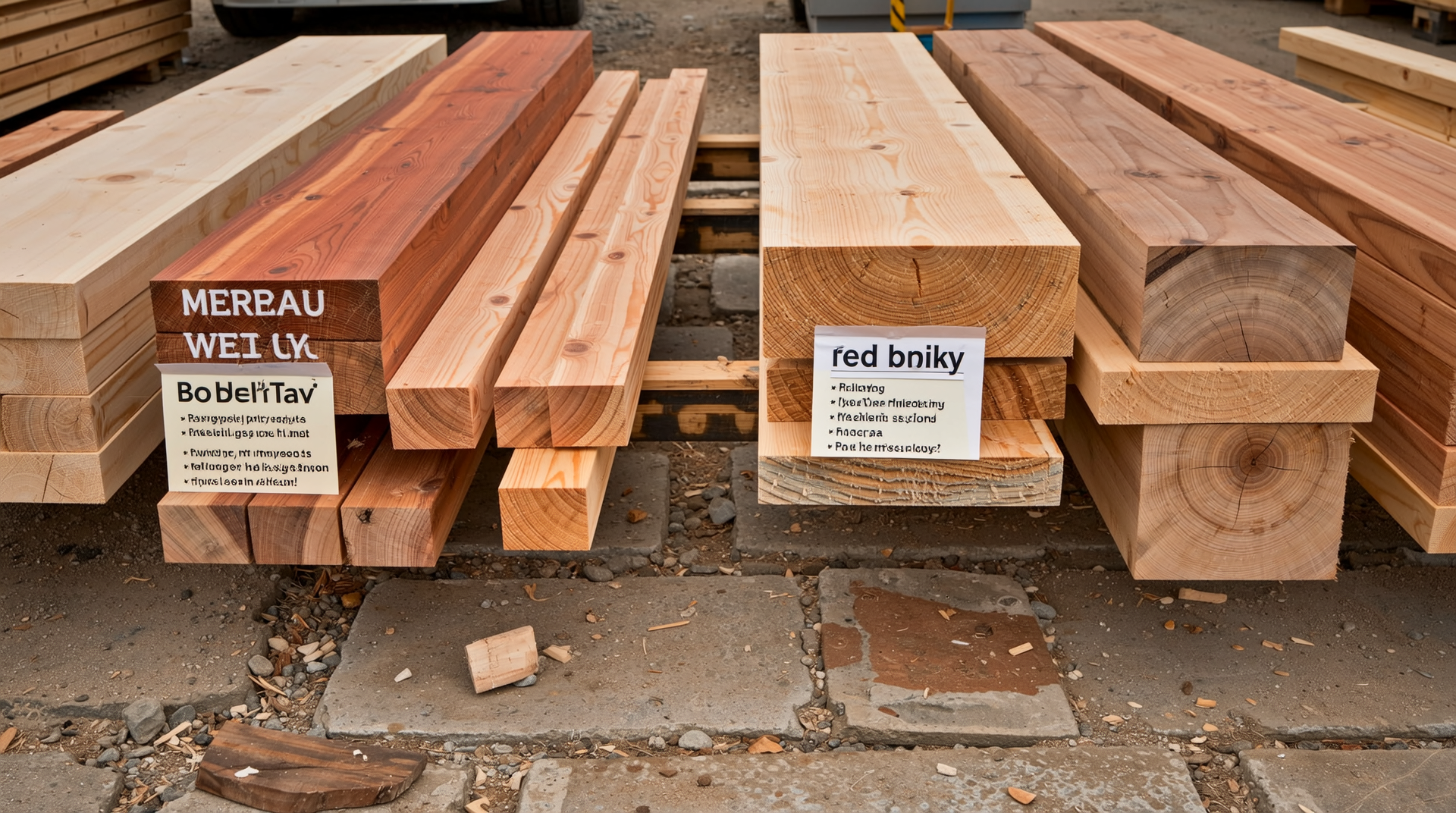 건축 현장에서 사용되는 멀바우, 히노끼, 레드파인 등 목재 유형과 특징을 보여주는 이미지