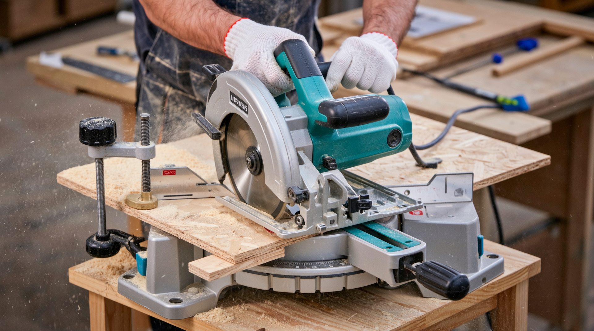 클램프로 고정된 MDF 판을 원형톱으로 정밀하게 재단하는 모습의 근접 실사 이미지