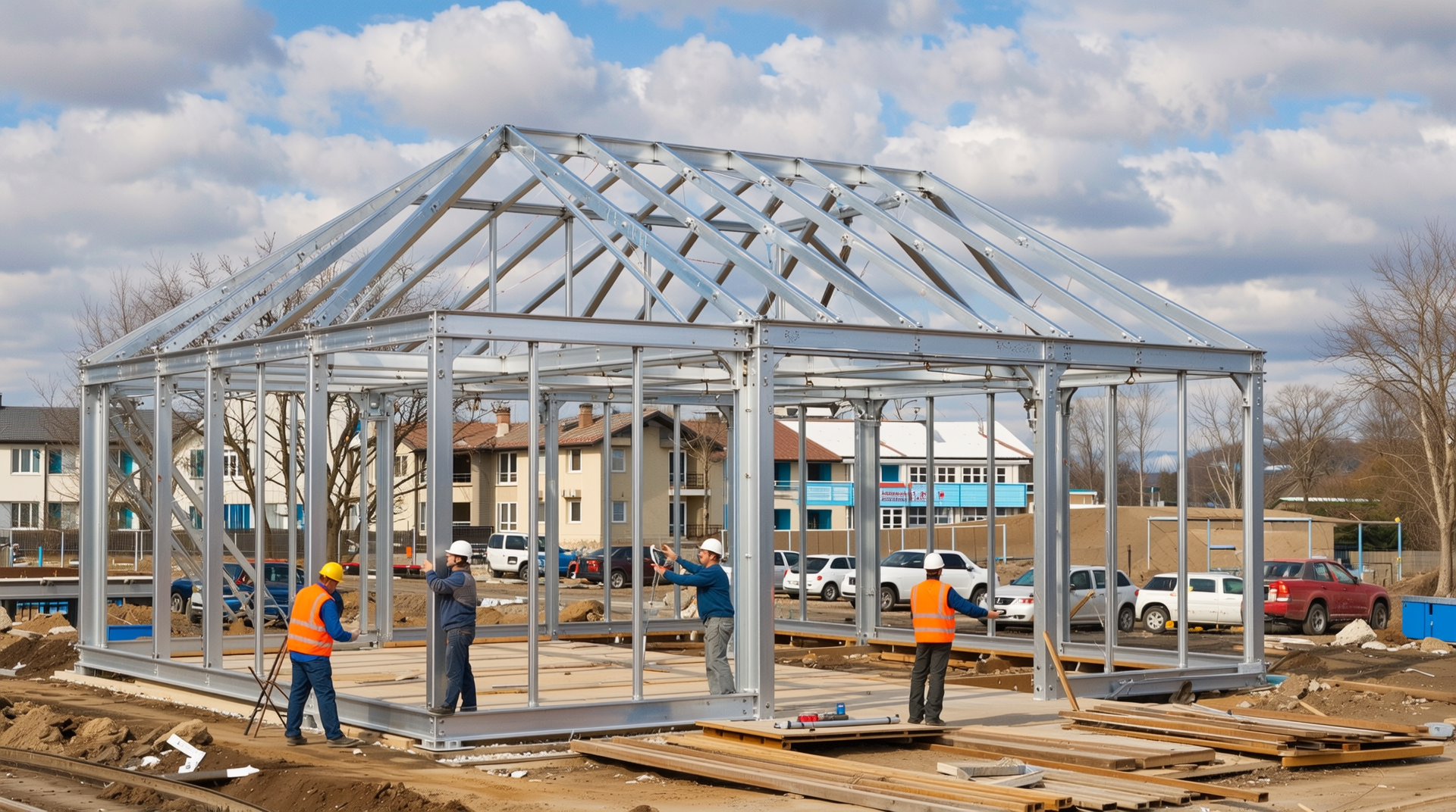 경량 철골 구조를 빠르고 효율적으로 조립하는 중소형 건축 공사 현장 모습