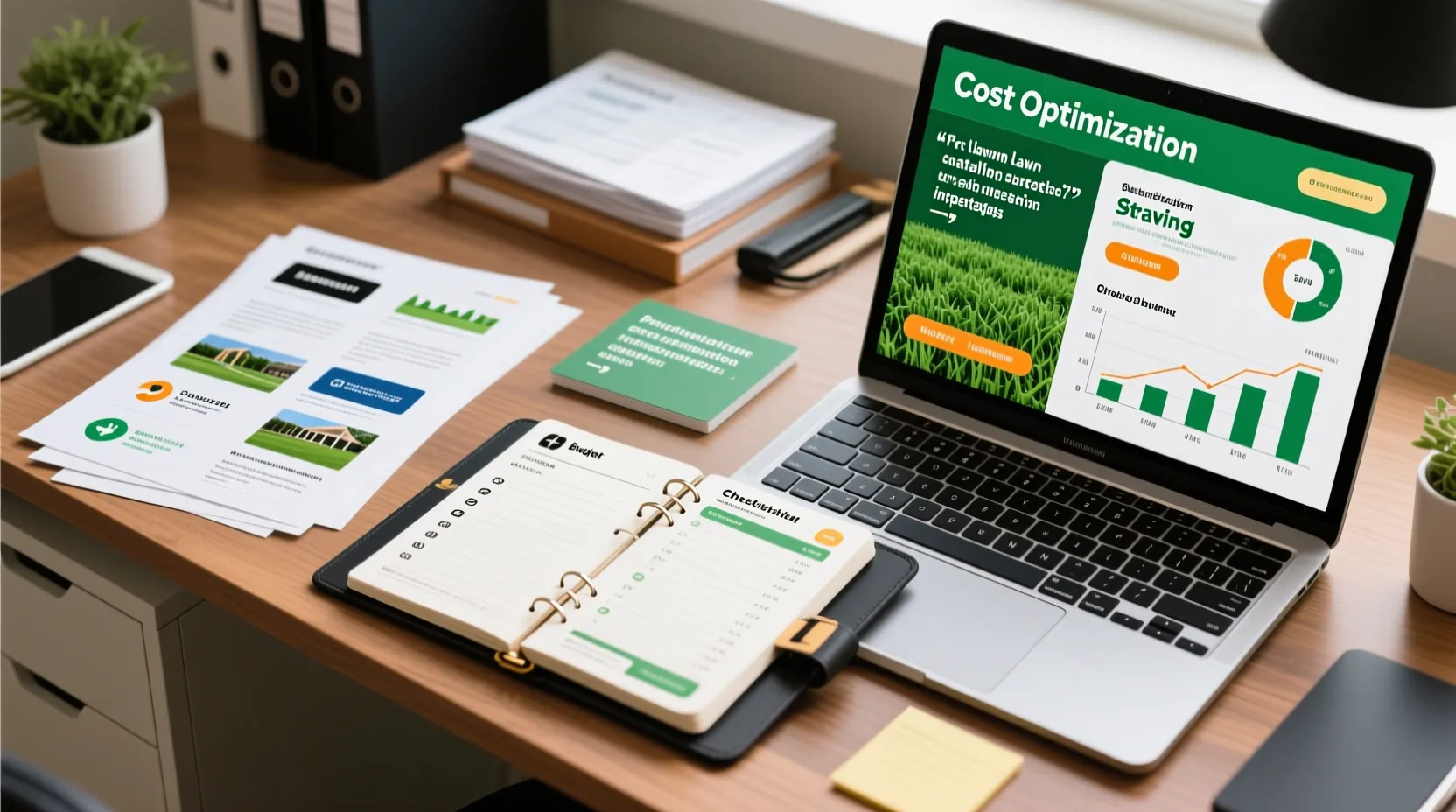 잔디 시공 비용 최적화 및 절감 전략이 적힌 예산표와 견적서가 놓인 플래너 책상 이미지