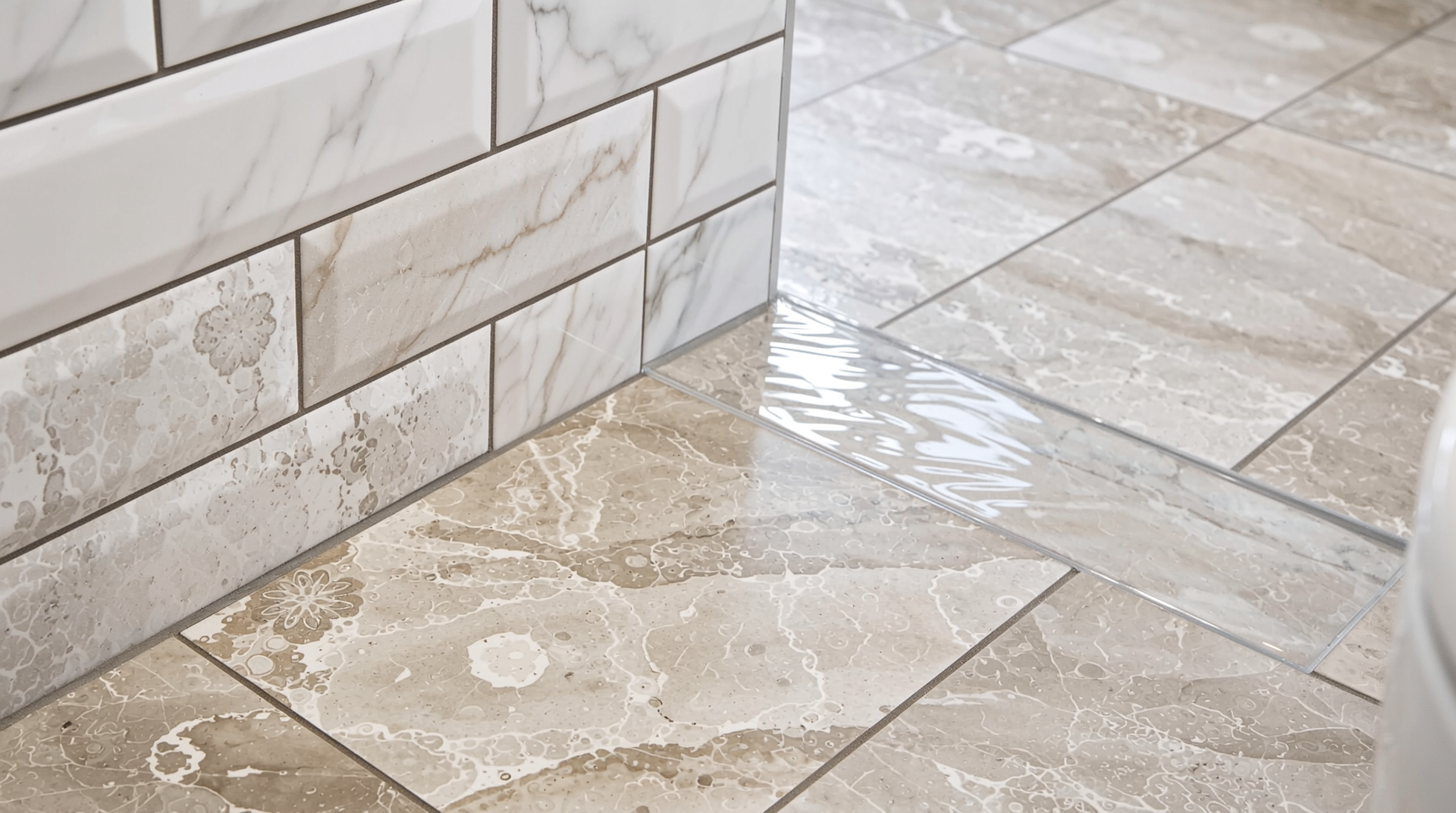 포세린 타일의 패턴 일치와 투명 실리콘 마감이 완벽하게 처리된 욕실 벽과 바닥