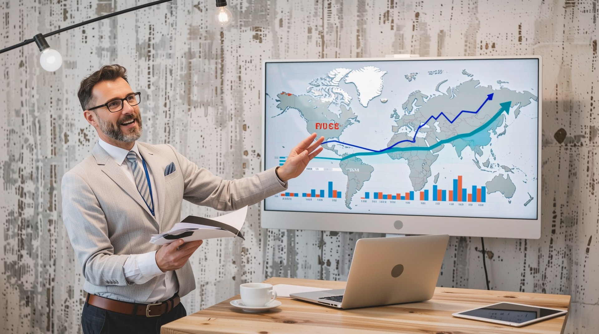 2025년 합판 가격 전망과 시장 성장 예측을 디지털 화면으로 분석하는 전문가 모습