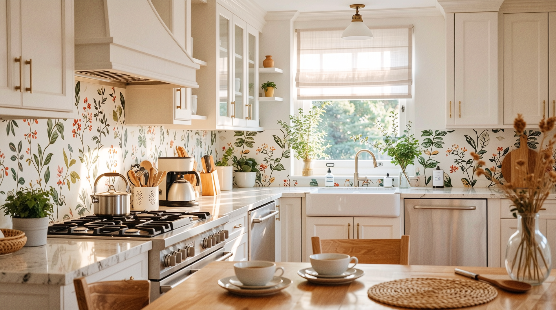 내추럴 톤의 친환경 벽지와 PVC 방수 필름이 조화를 이루는 아늑한 주방 공간