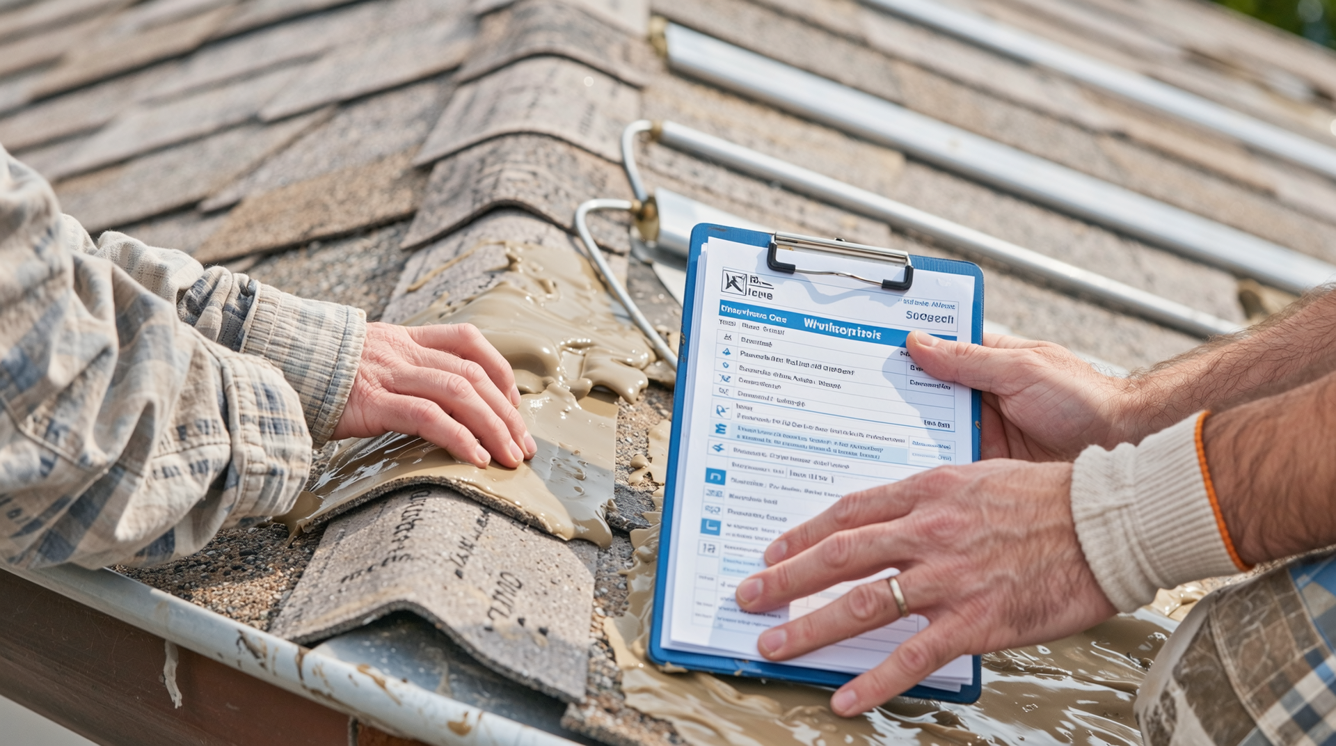 옥상 방수 시공 현장에서 체크리스트를 들고 방수 자재 시공 팁을 점검하는 전문가