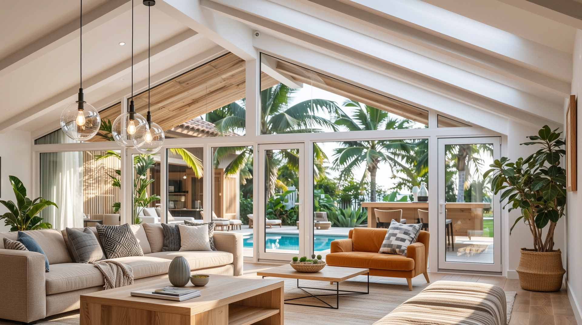 고급 주택이나 리조트에 설치된 알루미늄-목재 복합 창호의 프리미엄 이미지