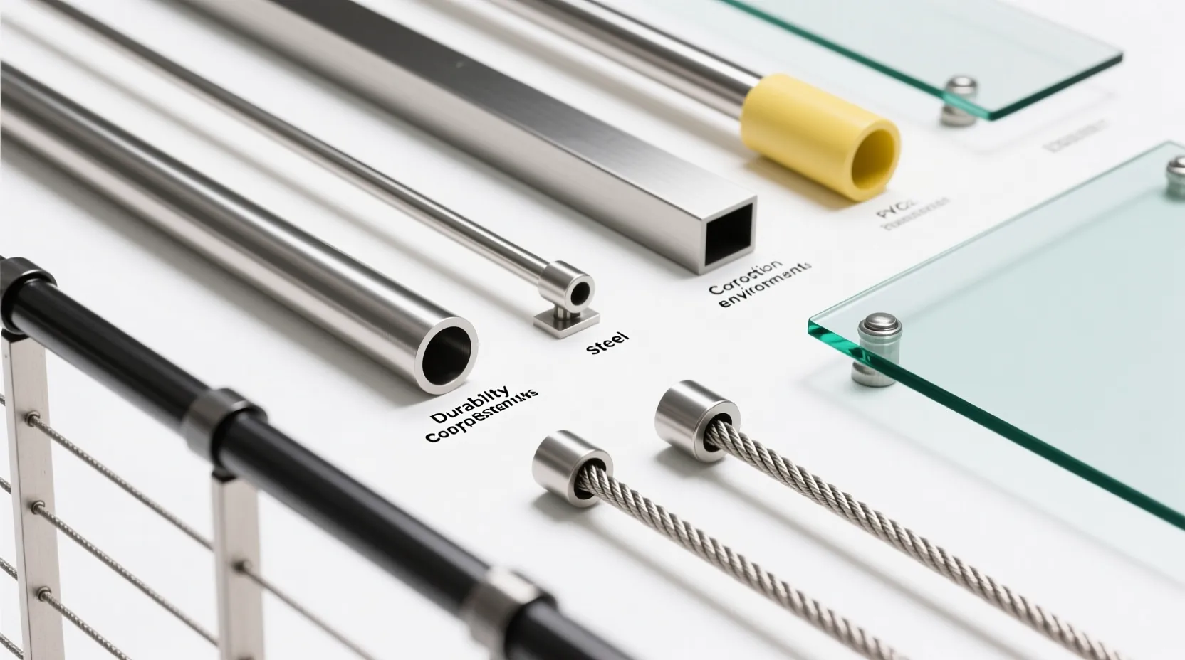 추락방지 난간 자재 종류별 특성과 추천 용도가 표시된 자재 샘플 이미지