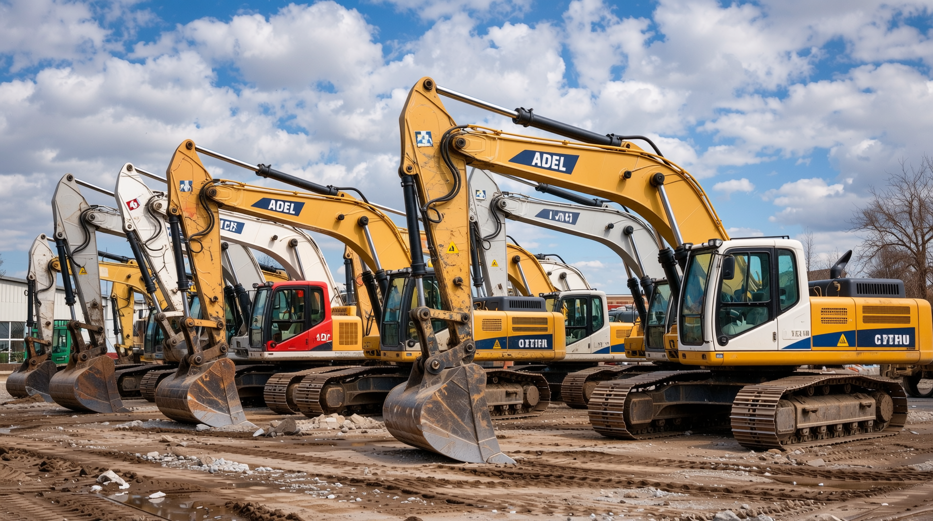 대표적인 중고 굴착기 브랜드 여러 대가 나란히 전시된 고화질 실사 사진