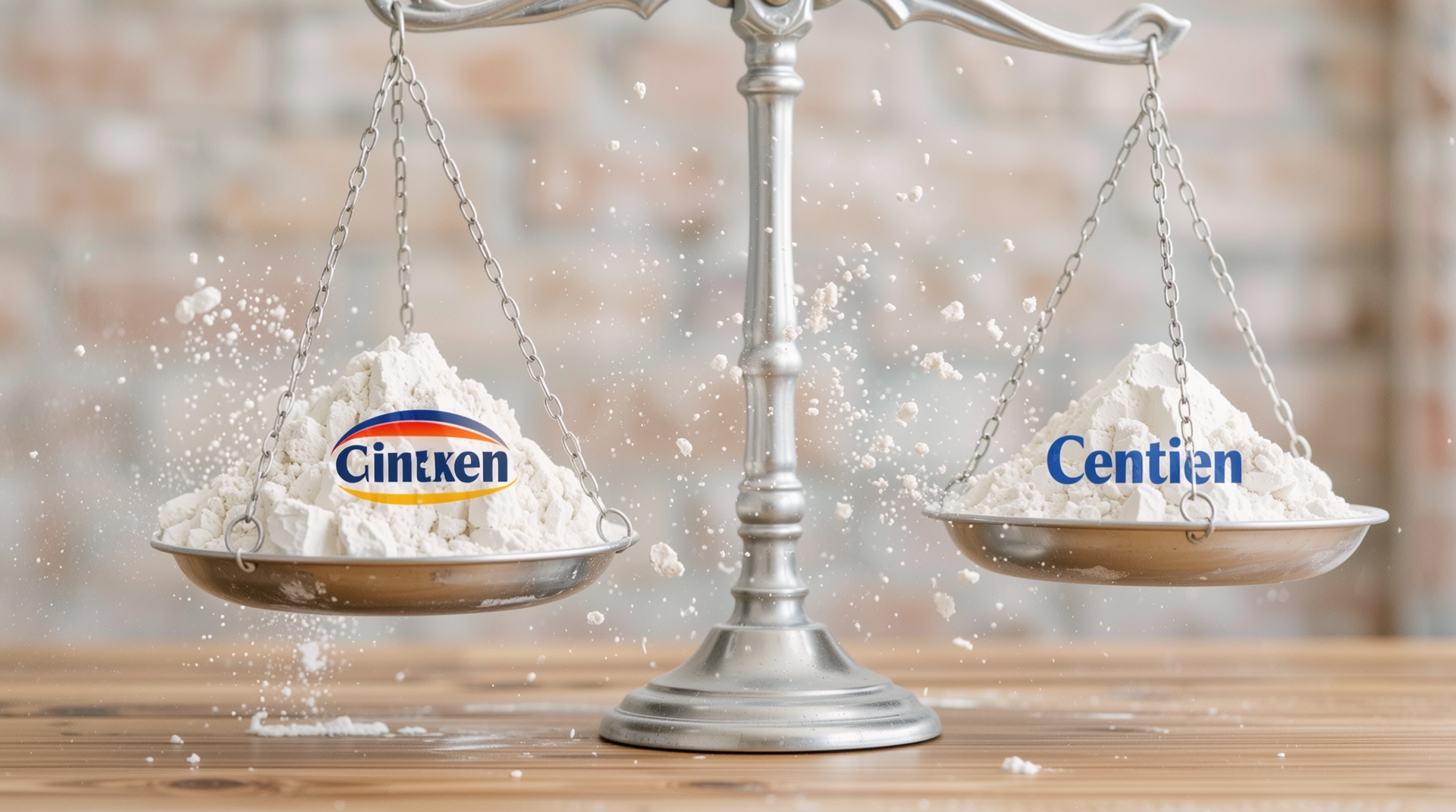 공정 경쟁 촉진을 상징하는 다양한 시멘트 회사 로고와 균형 잡힌 저울 이미지