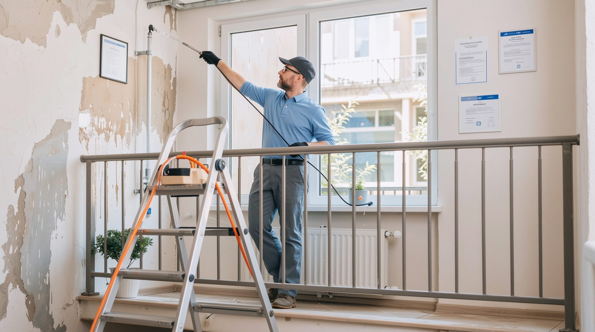 전문 기술자가 자격증이 보이는 실내에서 장비를 사용해 베란다 누수 점검하는 모습