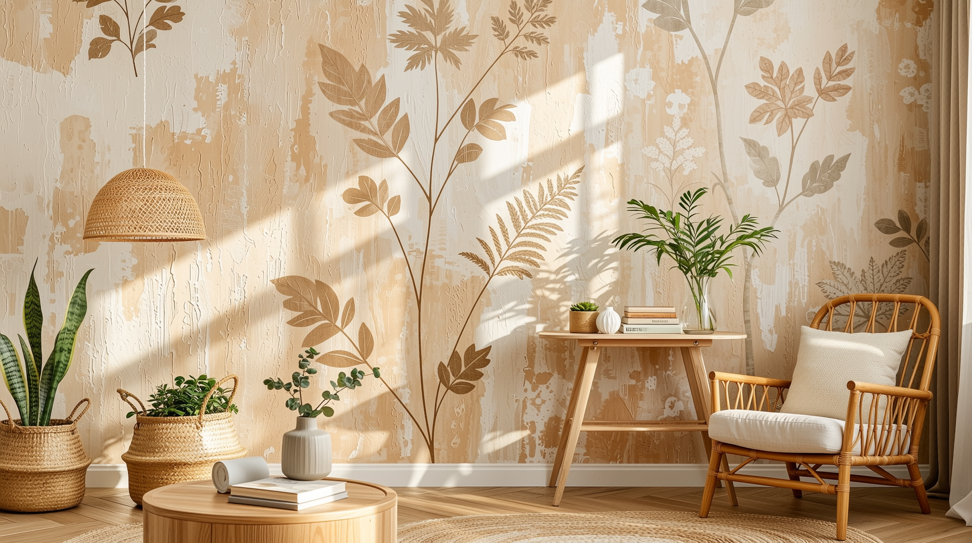자연 질감의 친환경 에코 벽지와 실내 식물이 어우러진 따뜻하고 건강한 거실 벽면