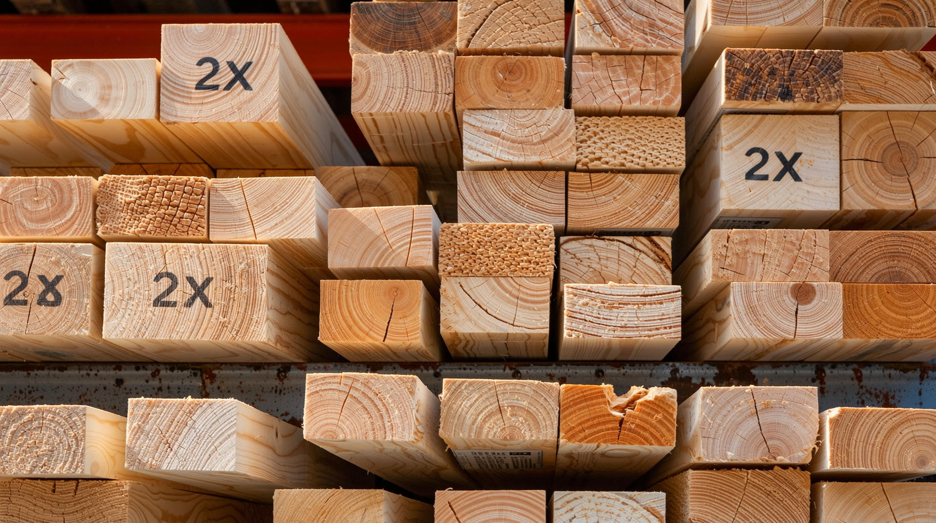 경량 목재 2x4, 2x6 및 철골 구조재가 진열된 자재 창고 모습