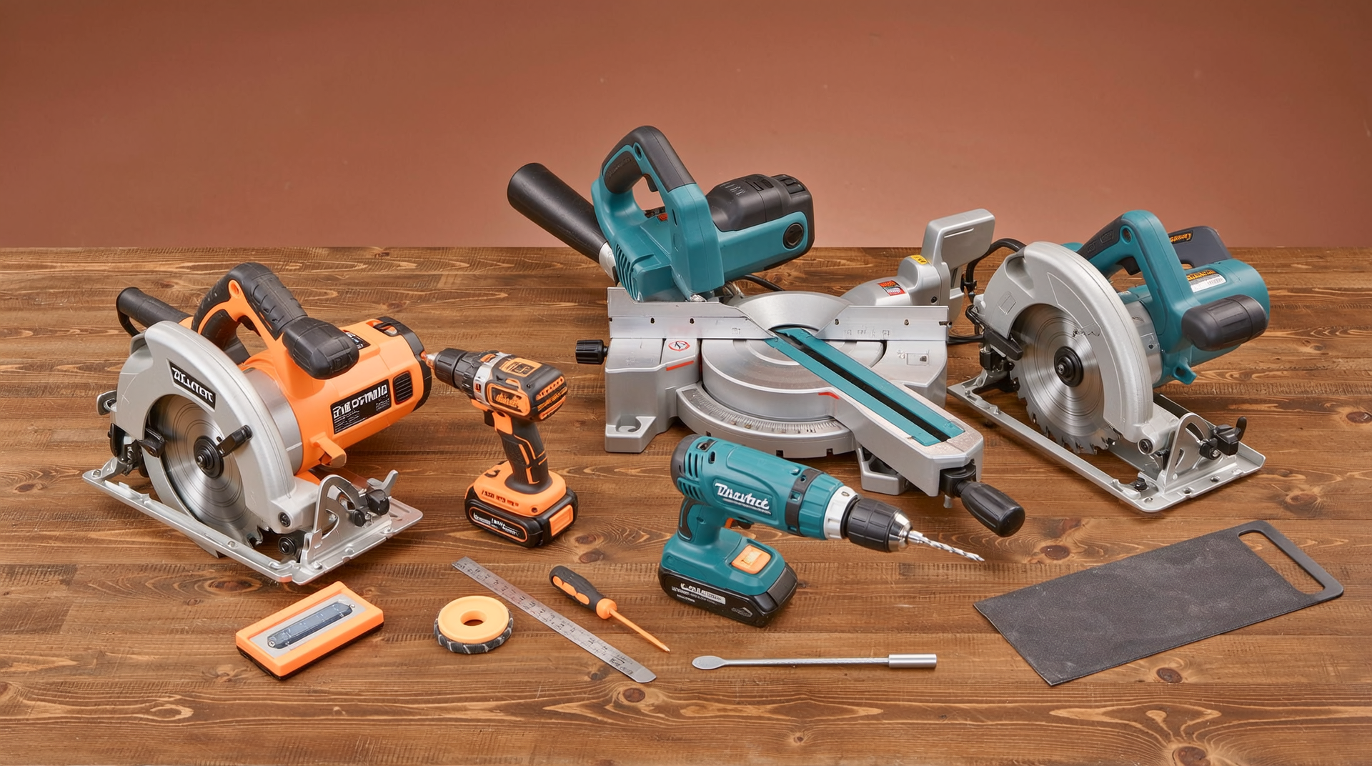 최신형 원형톱, 직소톱, 드릴, 샌더, 클램프, 줄자 등 MDF 작업용 공구 세트의 실사 이미지