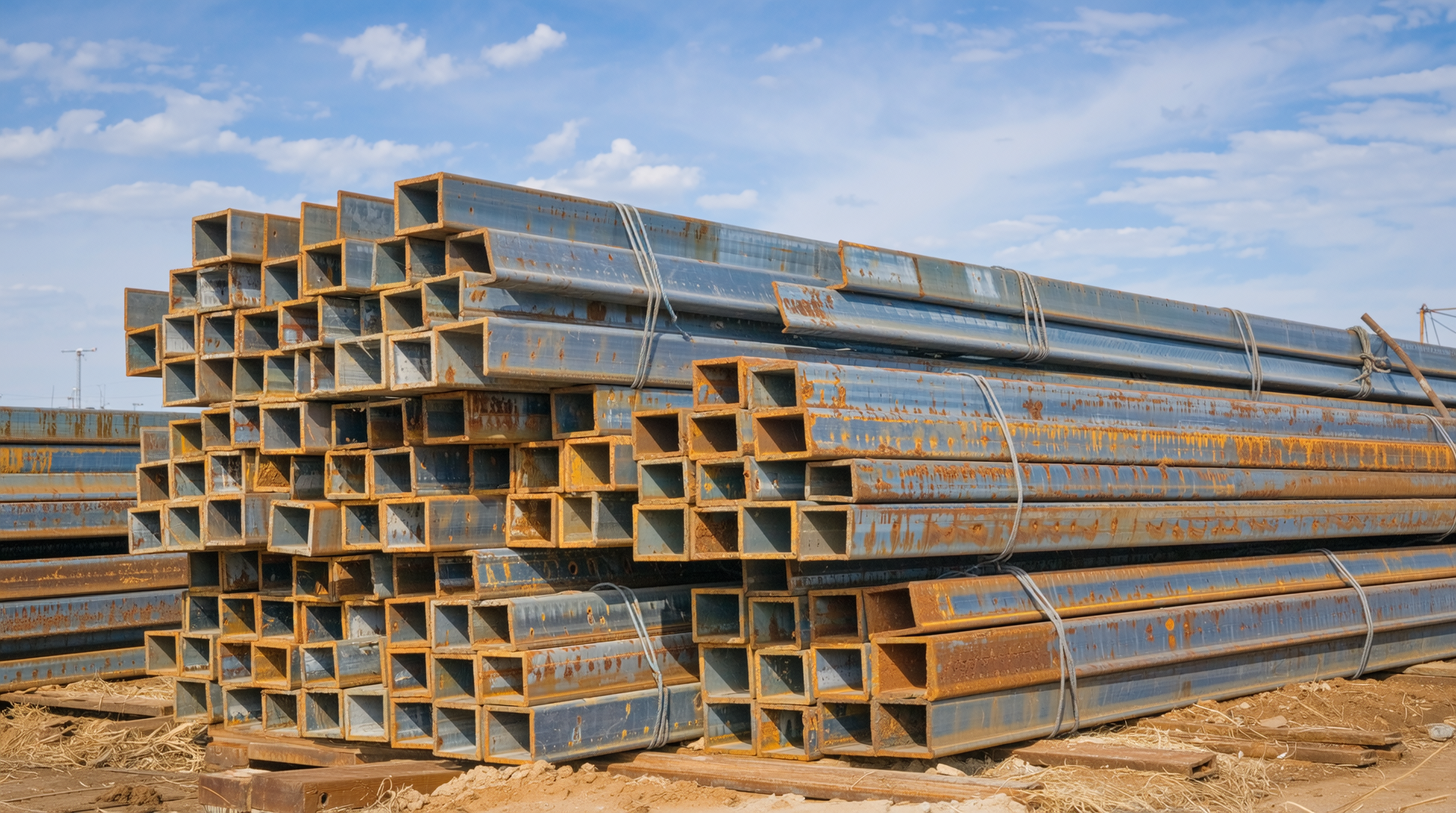 건축 현장의 선명하고 고화질의 철강 H빔 쌓여 있는 모습
