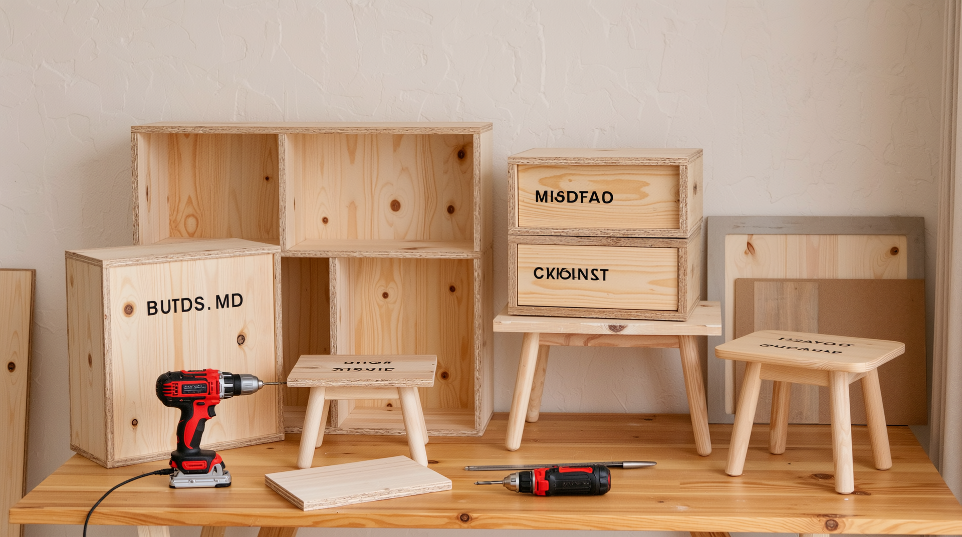 책장, 수납함, 협탁, 미니 테이블 등의 DIY MDF 프로젝트가 작업장에 전시된 모습