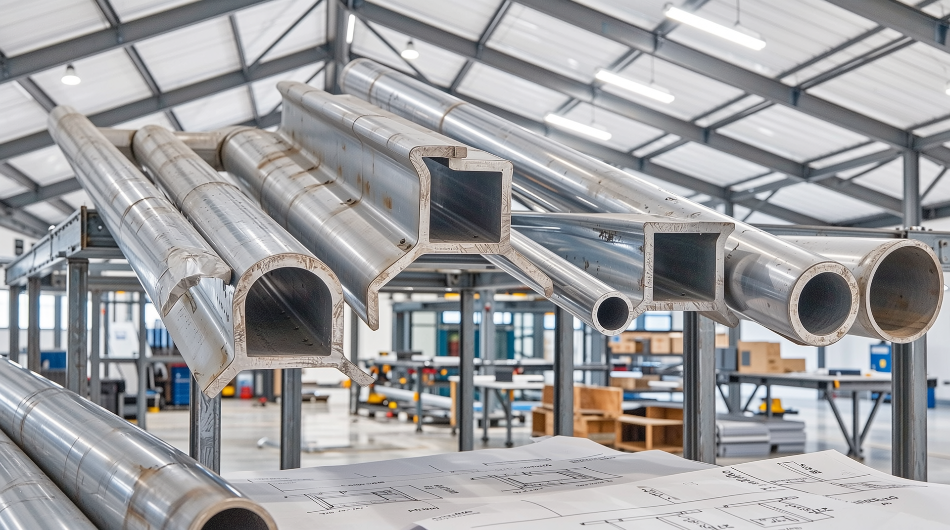 현대적인 철골 창고 구조와 주요 자재를 보여주는 이미지