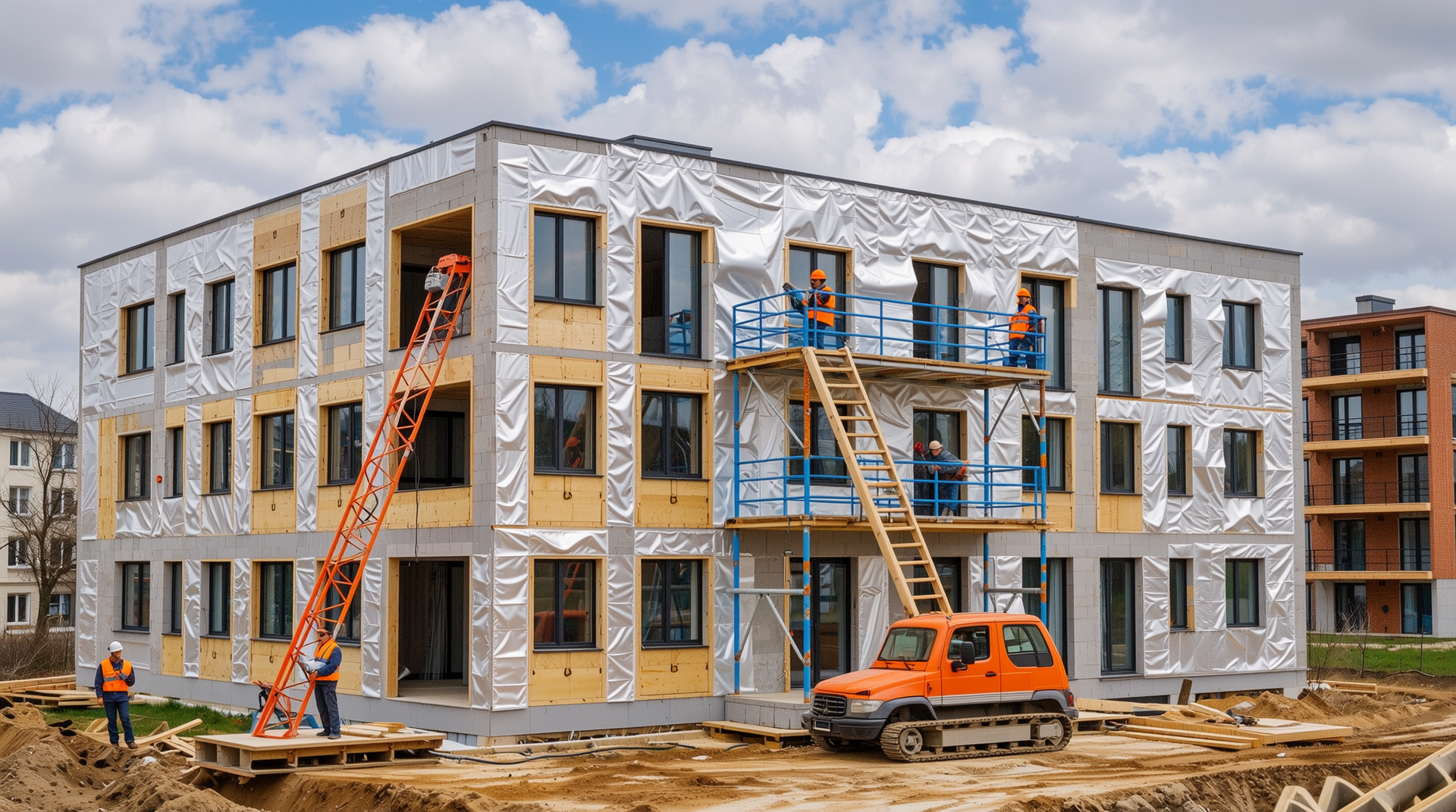 건축 현장에서 최신 에너지 효율 및 탄소 중립 정책에 맞추어 보온판 단열재를 설치하는 모습