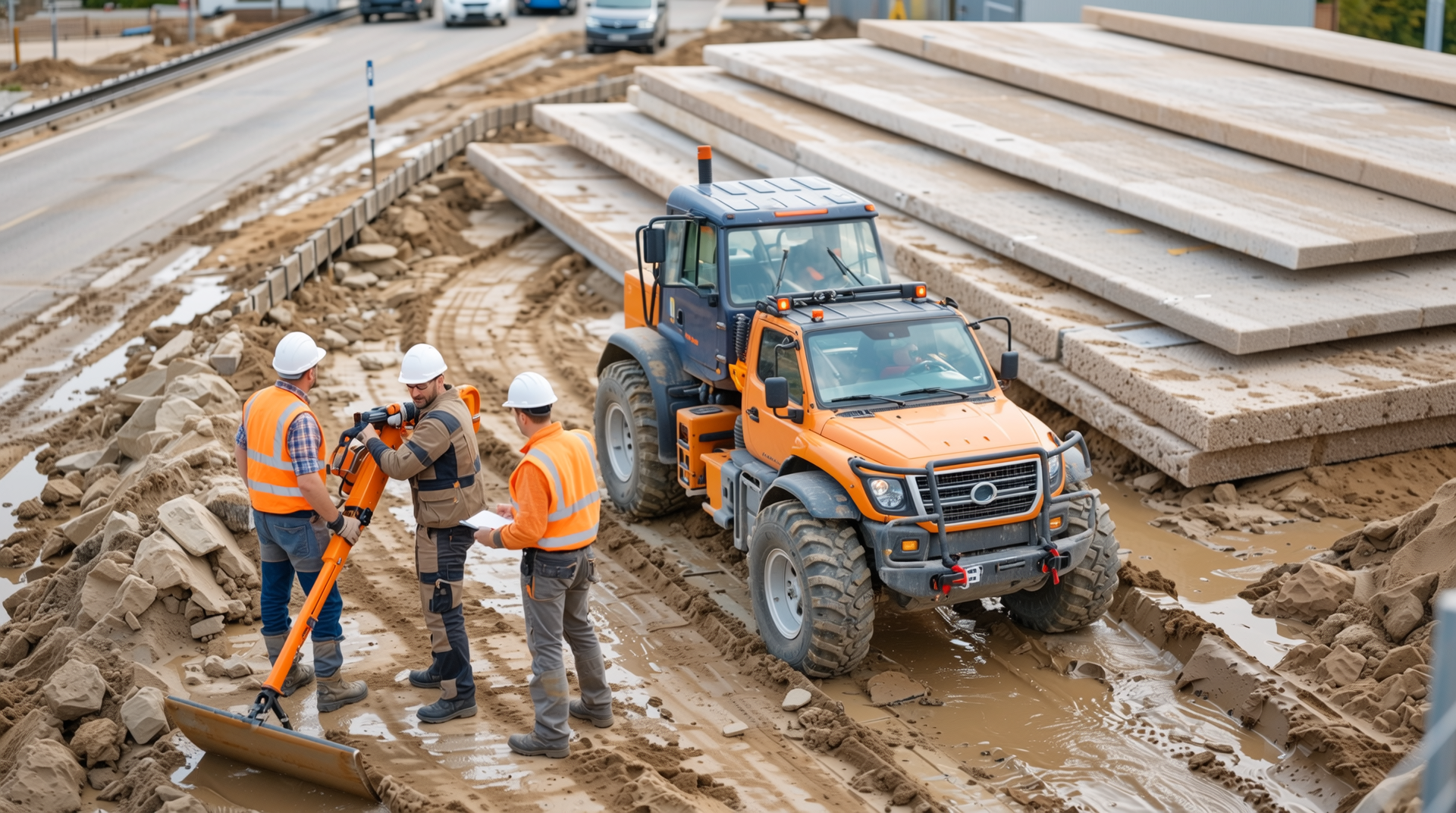 건축 현장에서 내구성과 친환경 방수 자재를 검토하는 전문가들