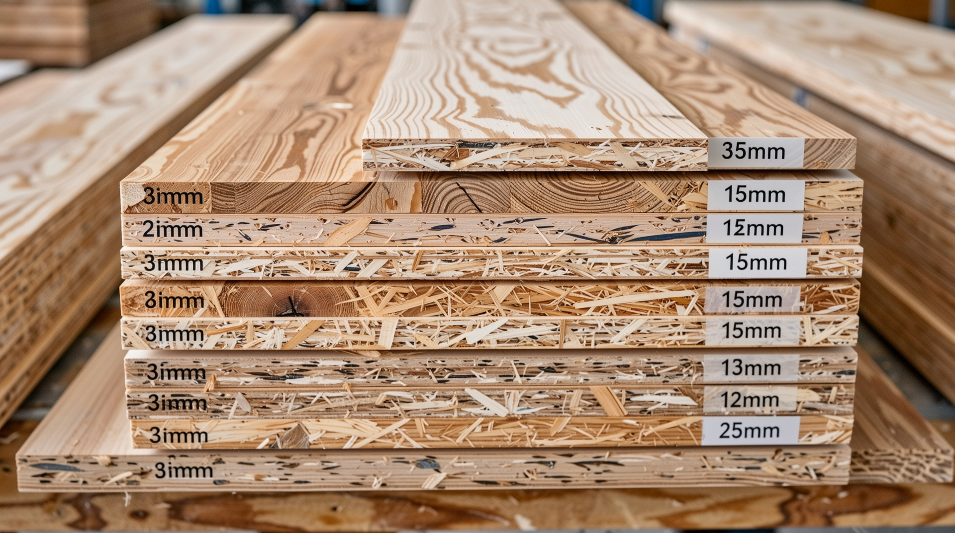 MDF 보드의 다양한 두께를 보여주는 작업장 사진