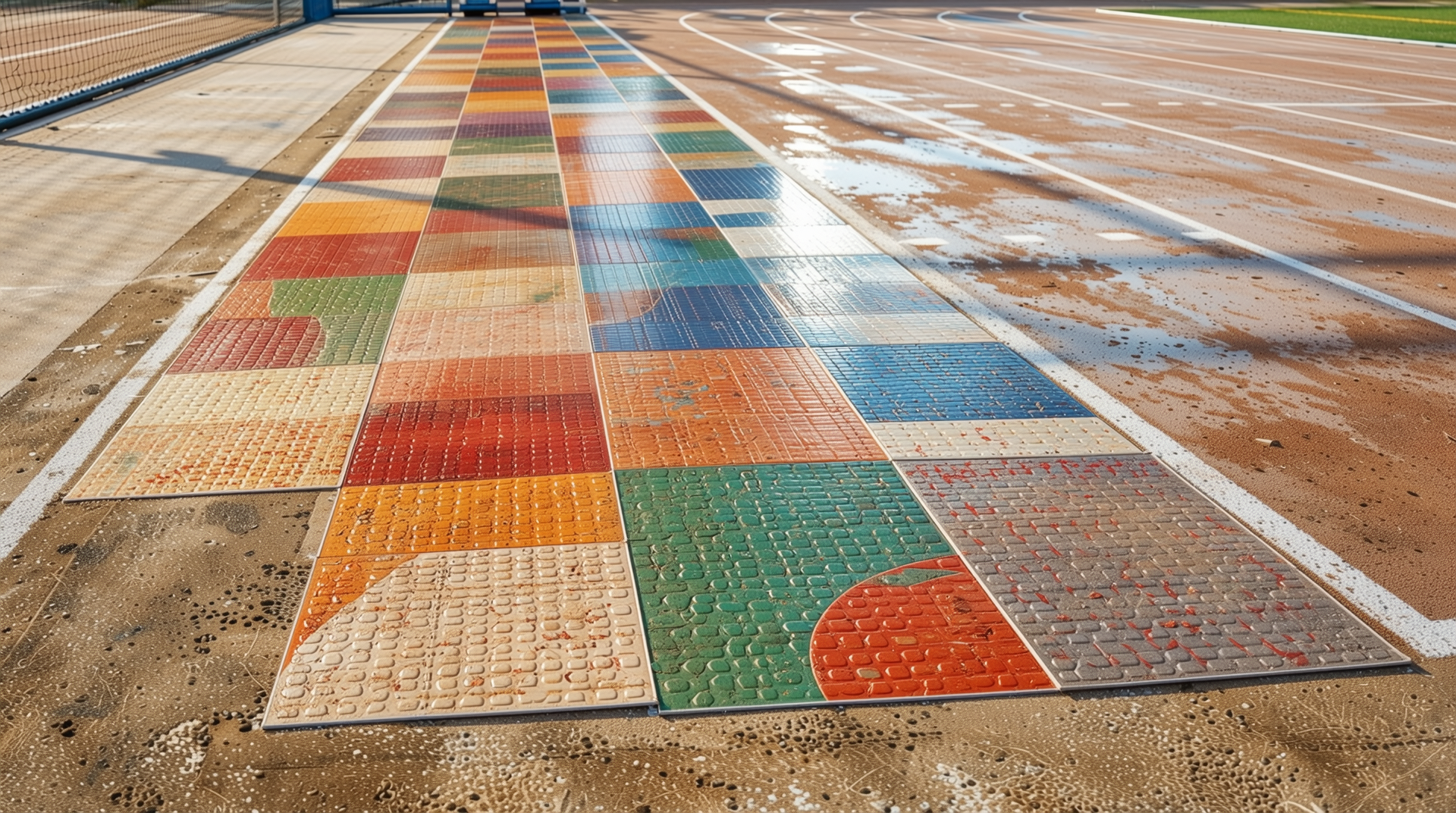 밝은 스포츠 시설 내 다양한 색상과 패턴의 PVC 바닥재와 탄력적인 PU 바닥재의 비교 이미지