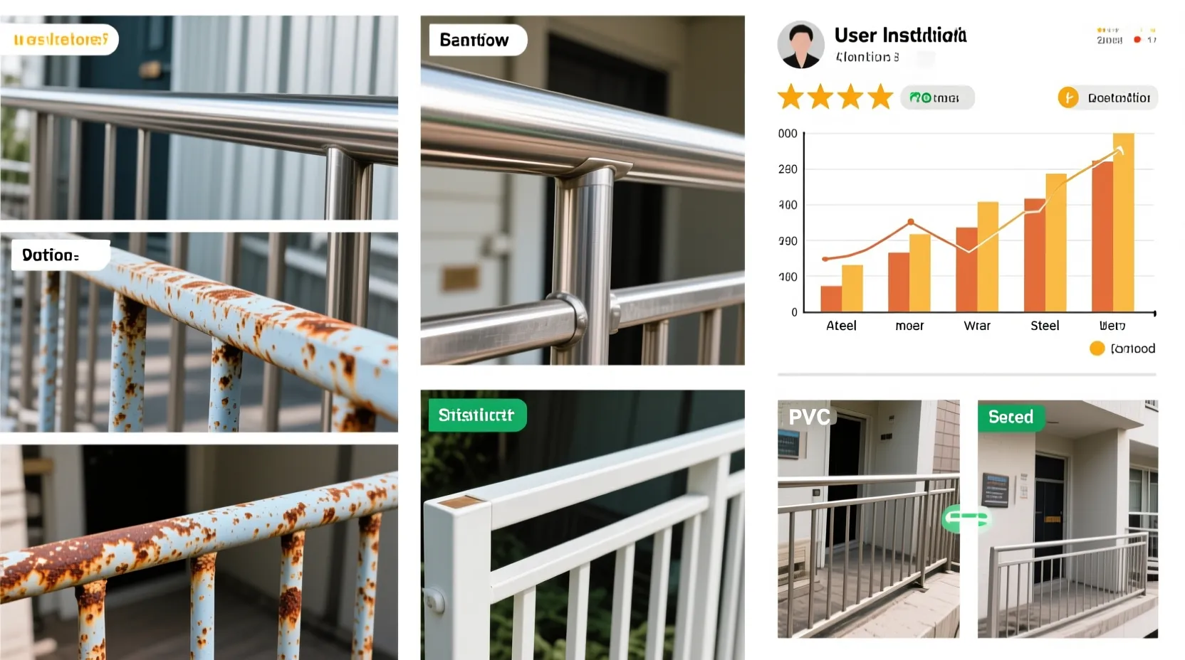 실사용자 후기와 설치 상태 비교 사진이 포함된 추락방지 난간 자재별 후기 이미지
