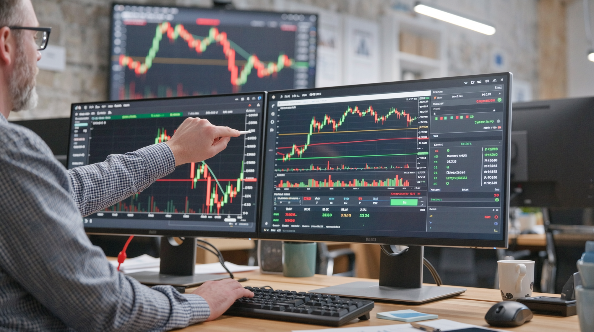 현대적인 사무실에서 실시간 철강 가격 변동을 모니터링하는 전문가 모습