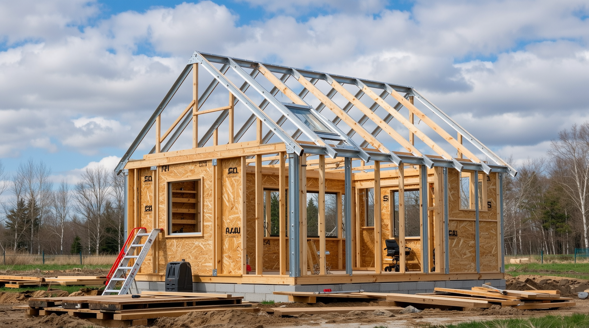 농막 골조 자재 세트의 목재와 철골 부재들이 조립되는 모습