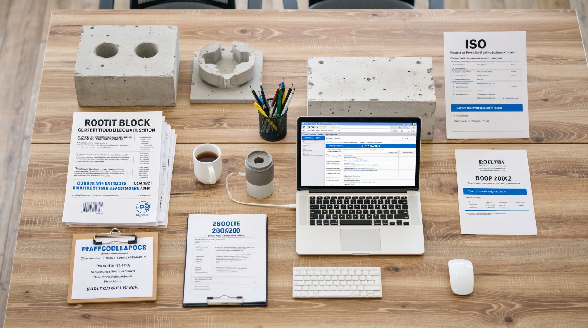 콘크리트 블록 인증 절차 신청을 위한 준비 서류와 사무 공간 모습