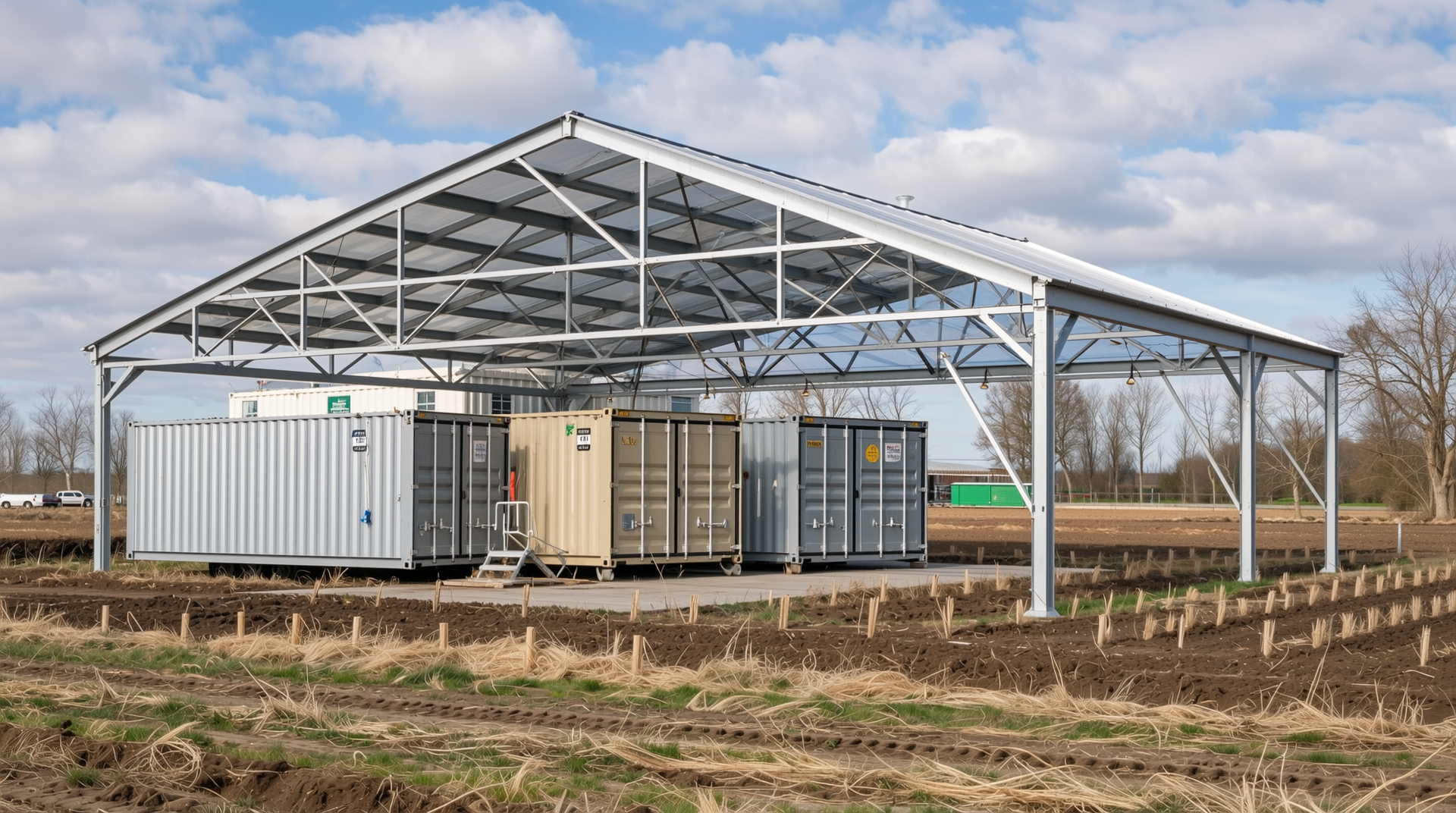 철재 및 강철 구조재로 지어진 농막의 강도와 보안을 강조하는 실사 이미지