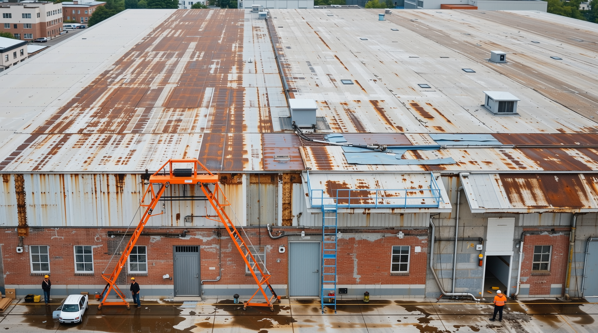 창고 지붕 보수 작업 모습