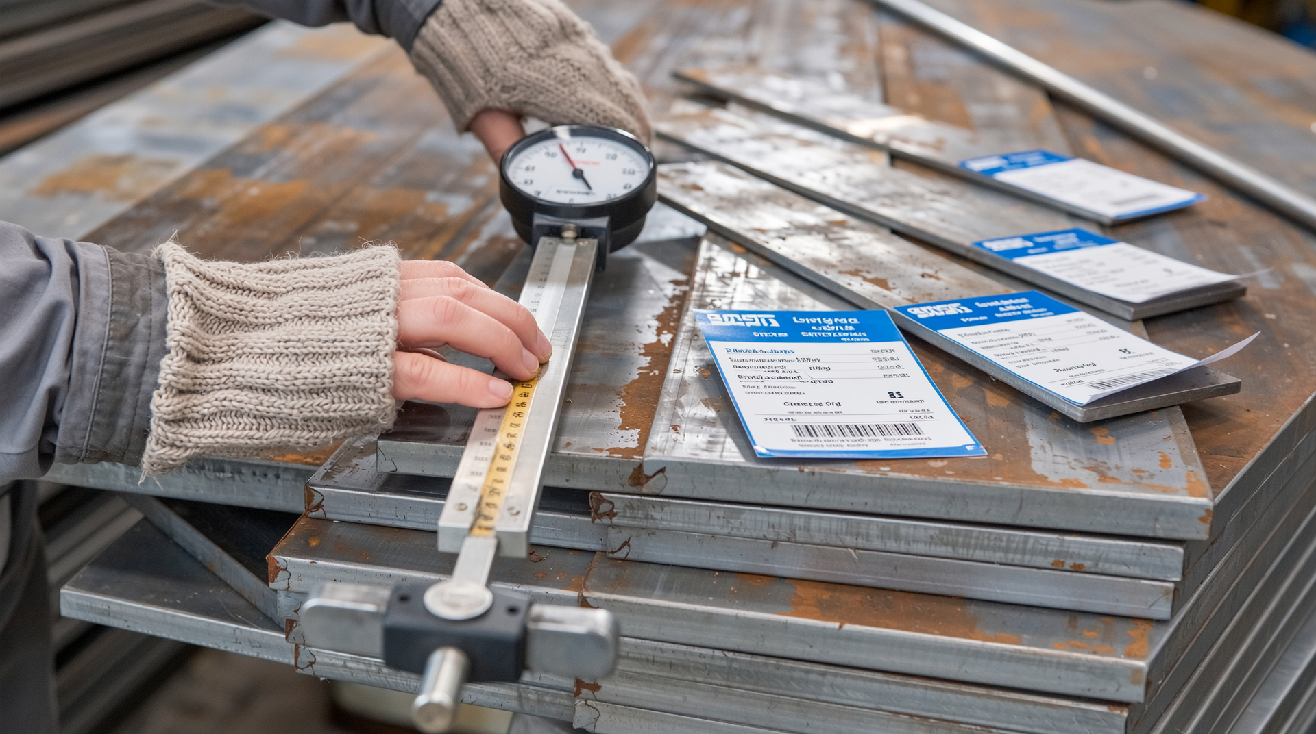 냉연강판과 열연강판 구매 시 품질 확인과 검사 과정을 보여주는 전문가 현장 이미지