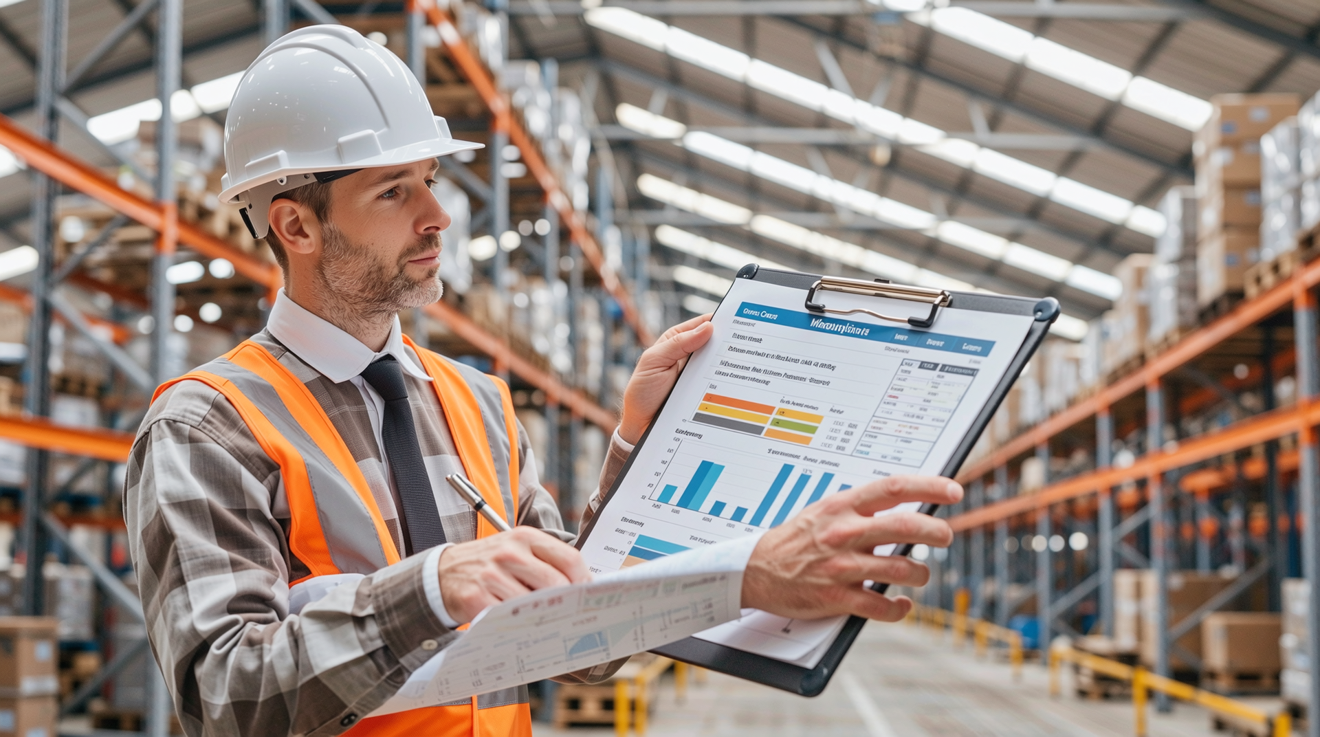 창고 철골 구조의 비용과 성능 균형 및 유지관리 전략을 검토하는 엔지니어 이미지