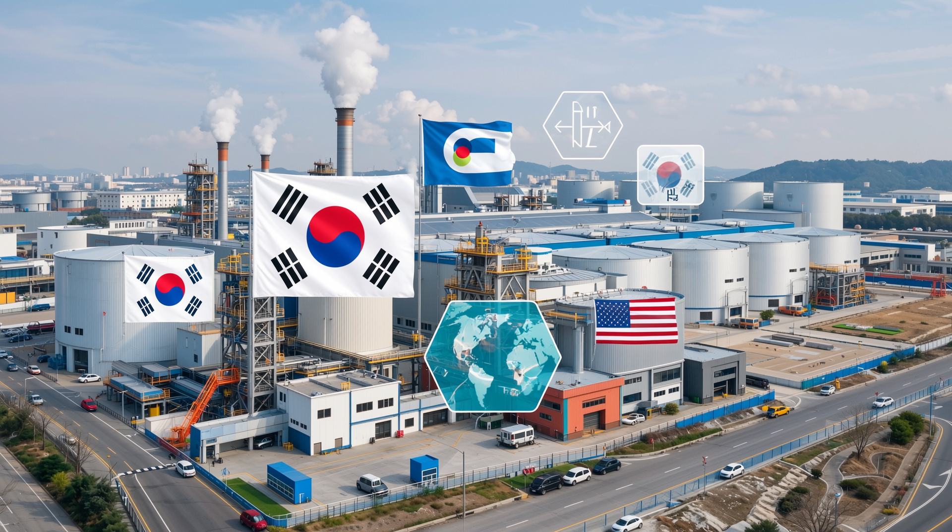 국내외 생산 현황과 공급망 관리를 나타내는 대형 제강소와 물류 공급망 이미지