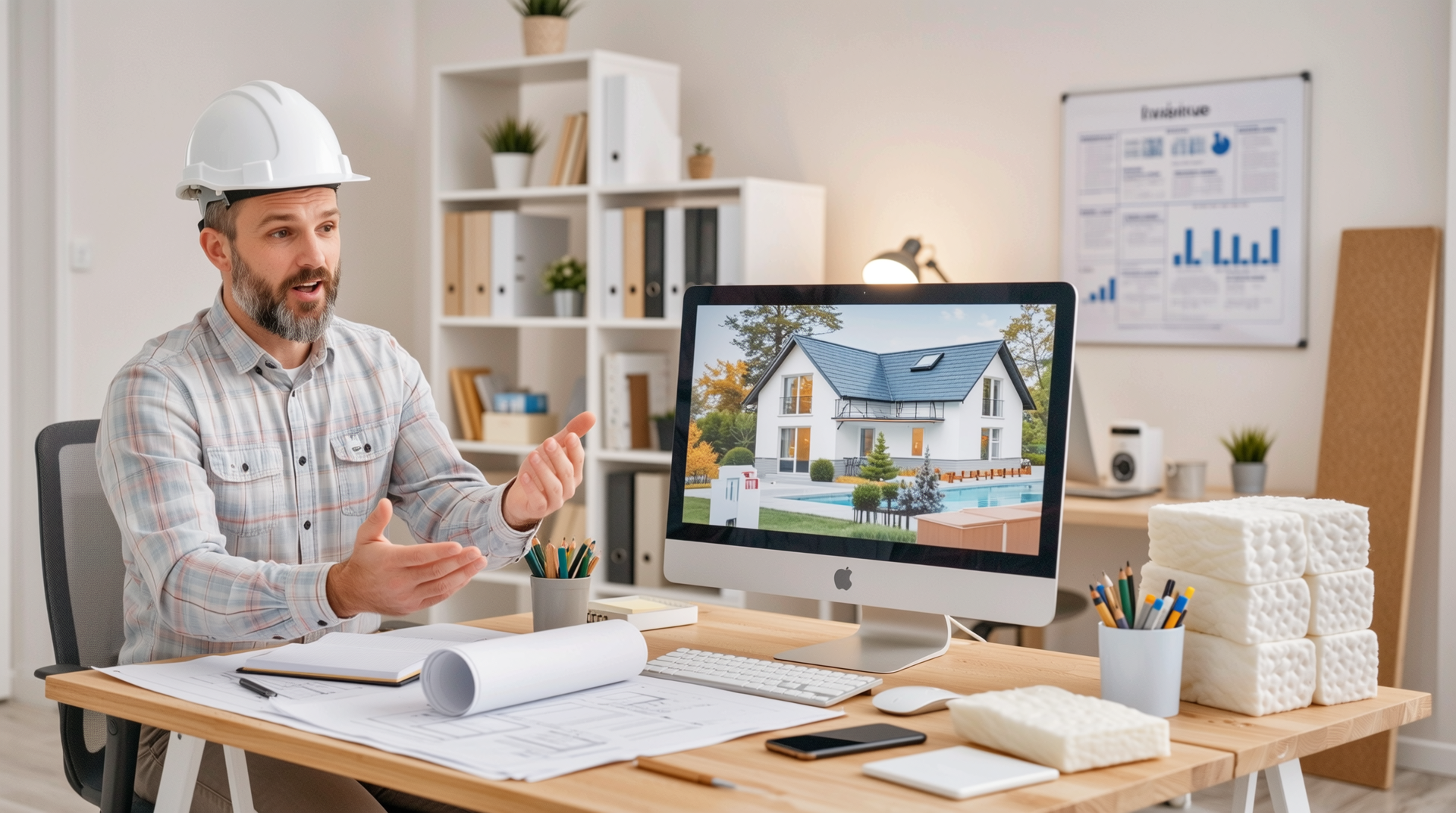 전문가 인터뷰 현장과 단열재 샘플이 있는 현대적 사무실 사진