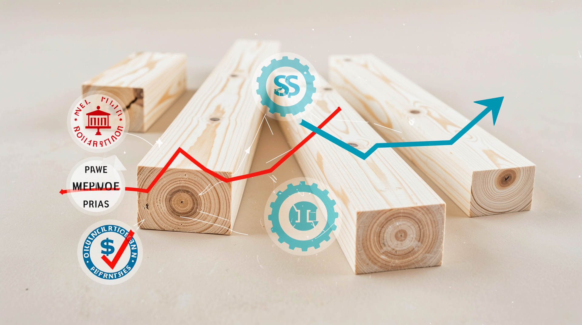 원자재 가격, 환경 규제, 환율 변동, 공급망 문제 등 합판 가격 변동 원인을 시각화한 인포그래픽