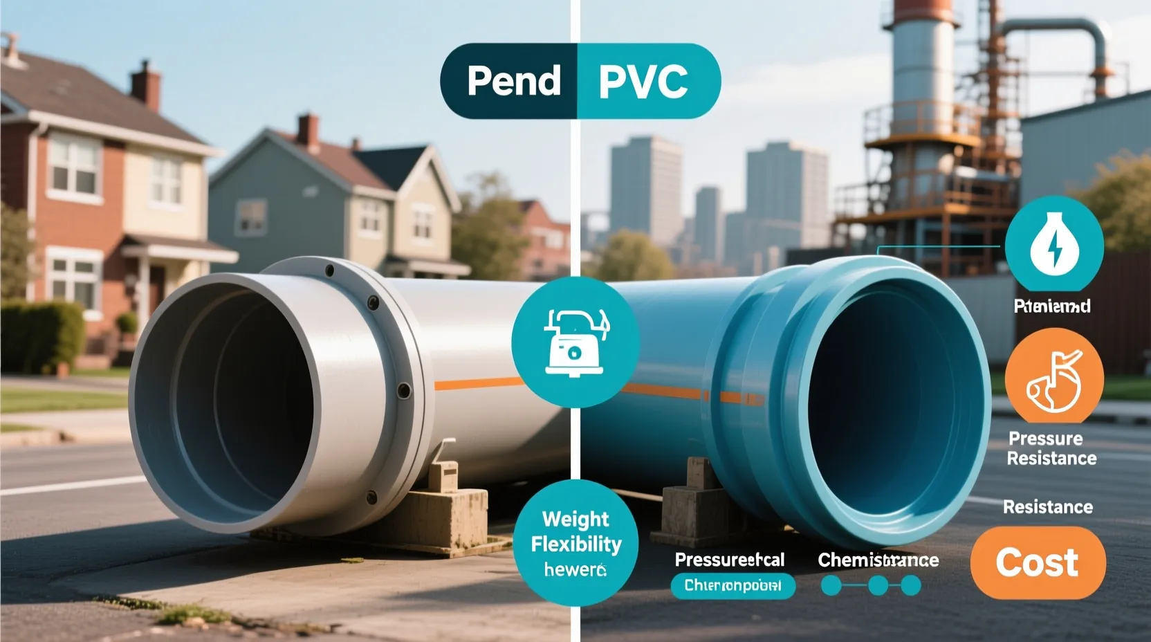 PE와 PVC 하수관의 규격, 성능, 내구성, 가격을 비교하는 인포그래픽과 하수관 사진