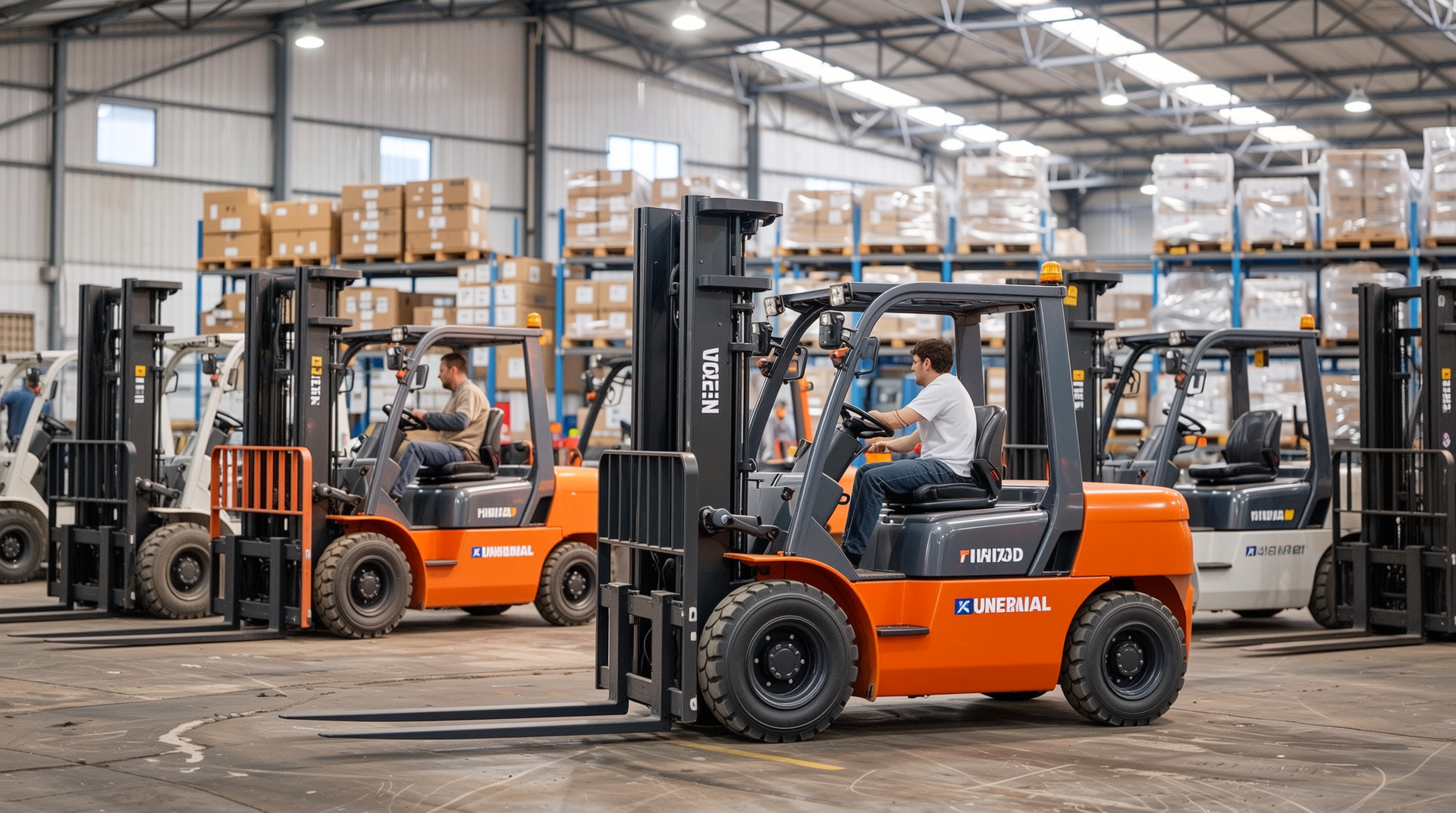 중고 지게차 시장과 다양한 브랜드별 모델을 보여주는 이미지