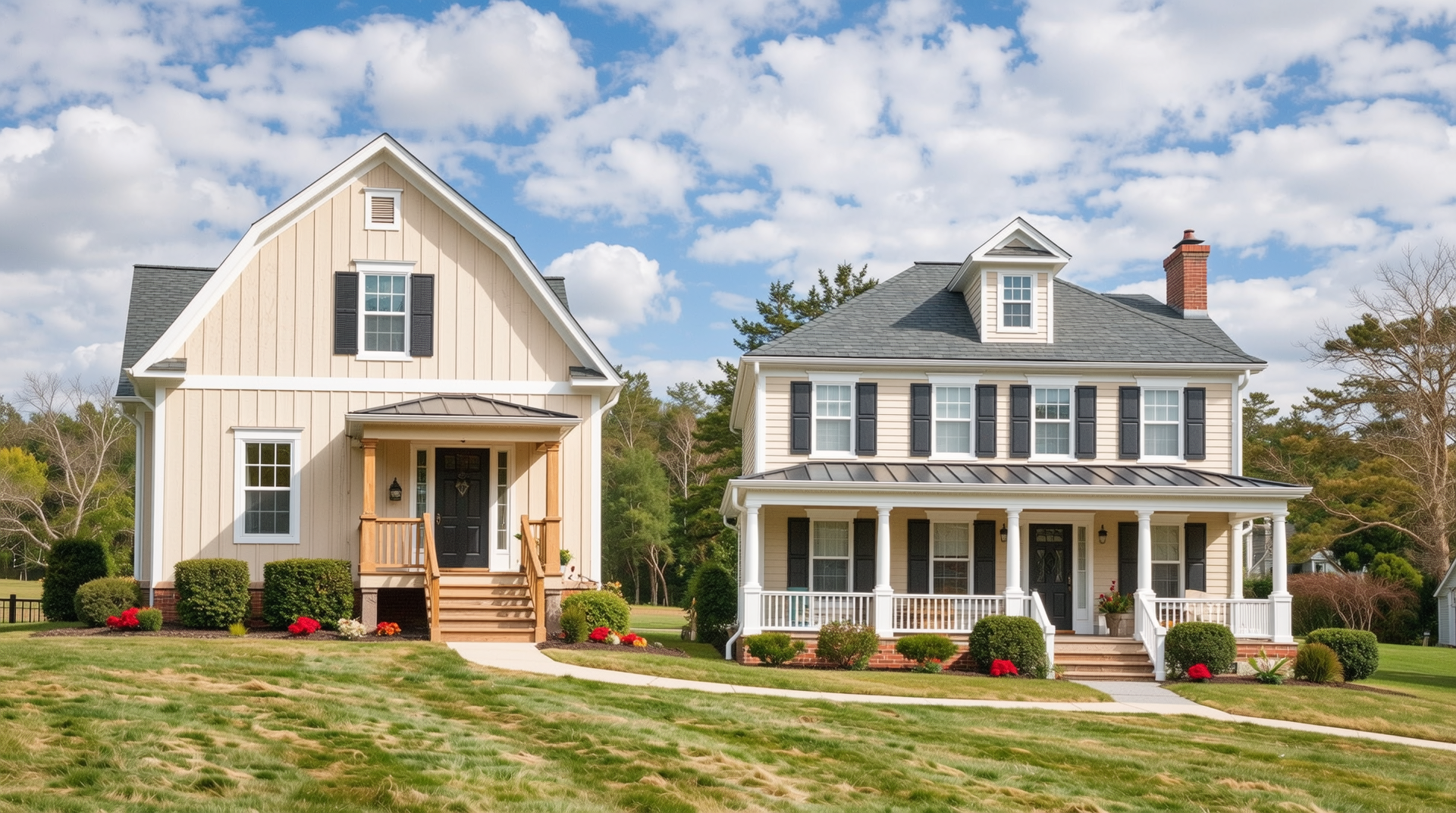 농막과 농촌 주택의 법적 차이를 보여주는 두 가지 주택 비교 이미지