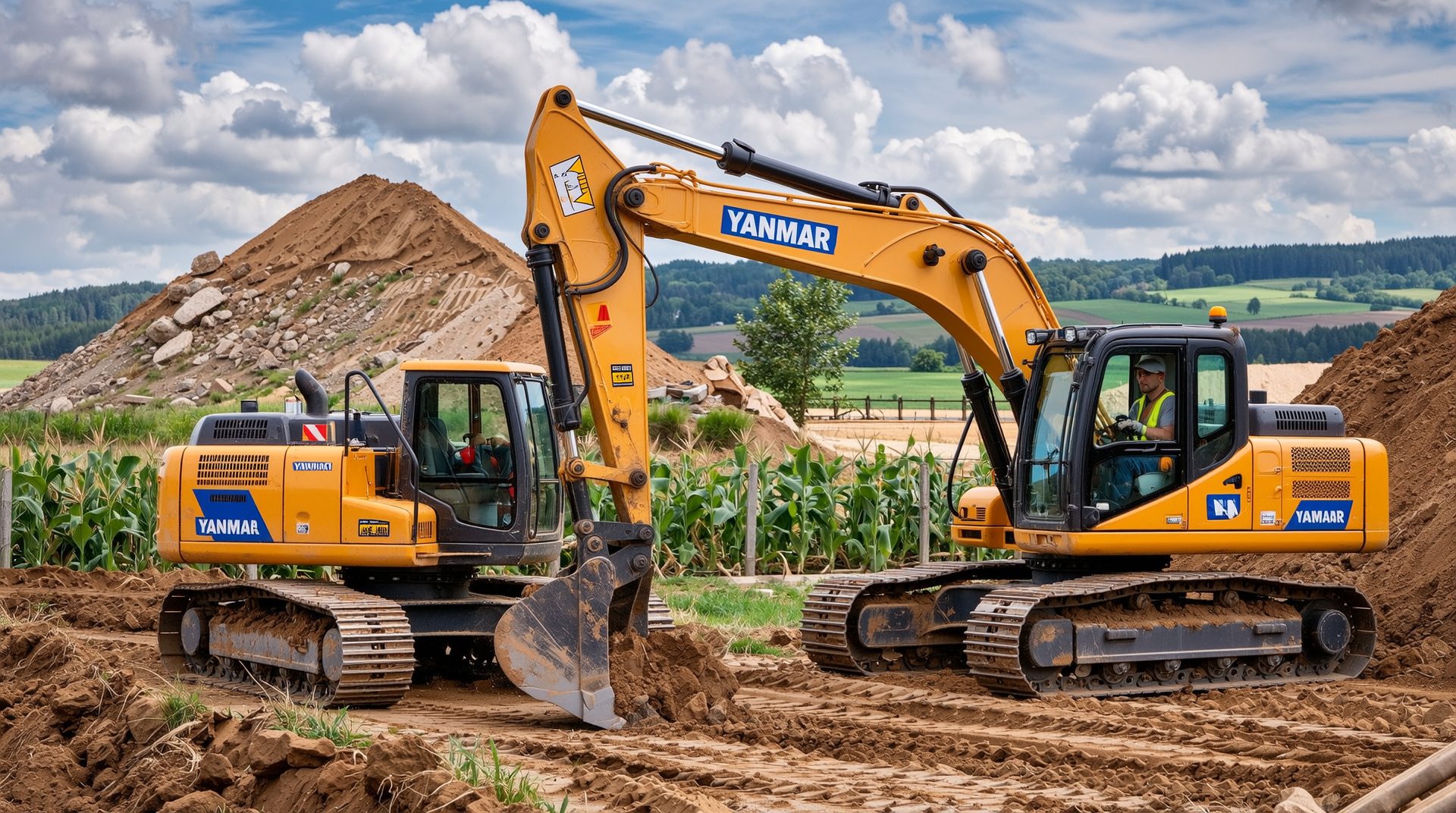 얀마 소형 굴착기 여러 모델이 좁은 공간과 농업 현장에서 작업 중인 모습 실사 사진