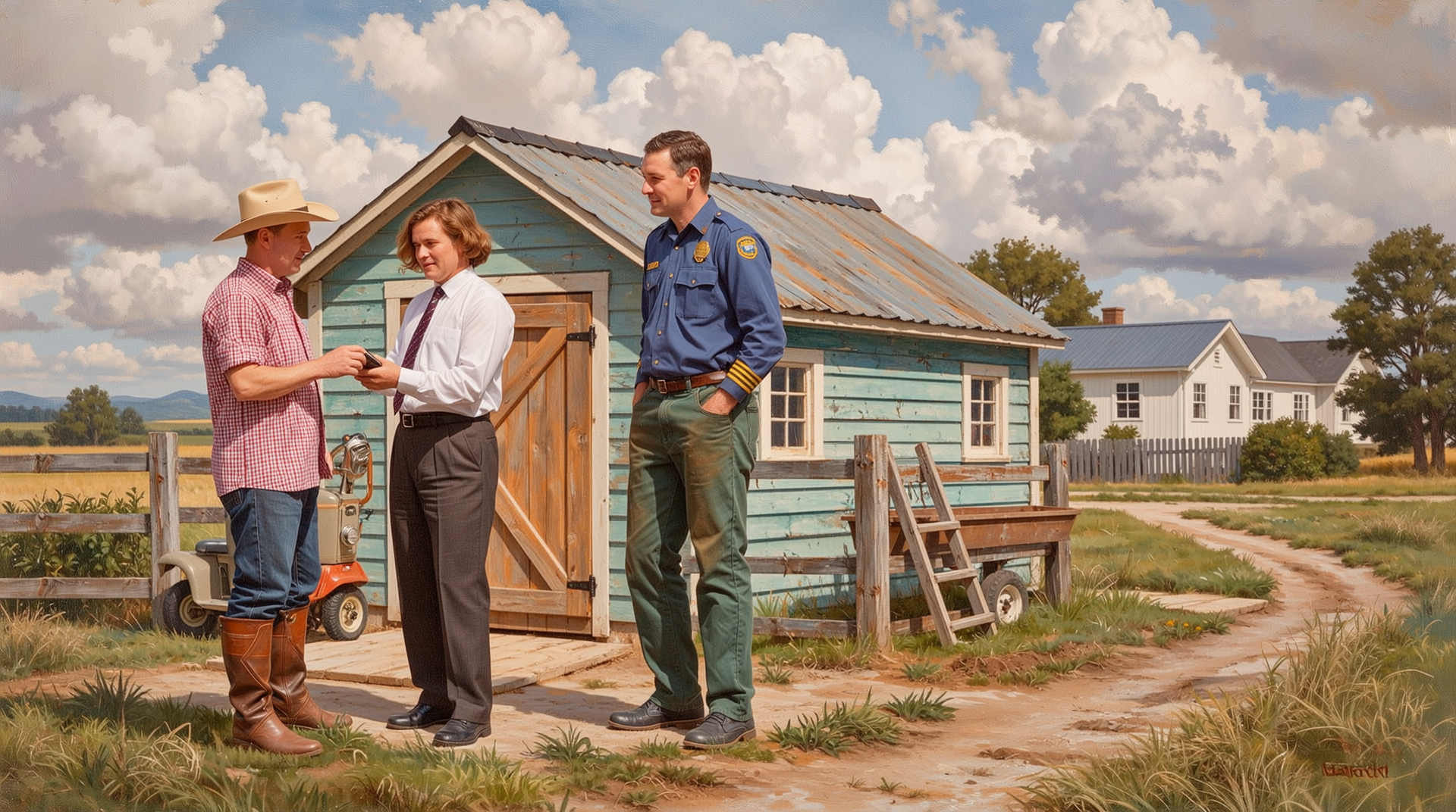 농막 설치 전 지자체 담당자와 현장 상담 중인 농부와 관공서 배경의 실사 이미지