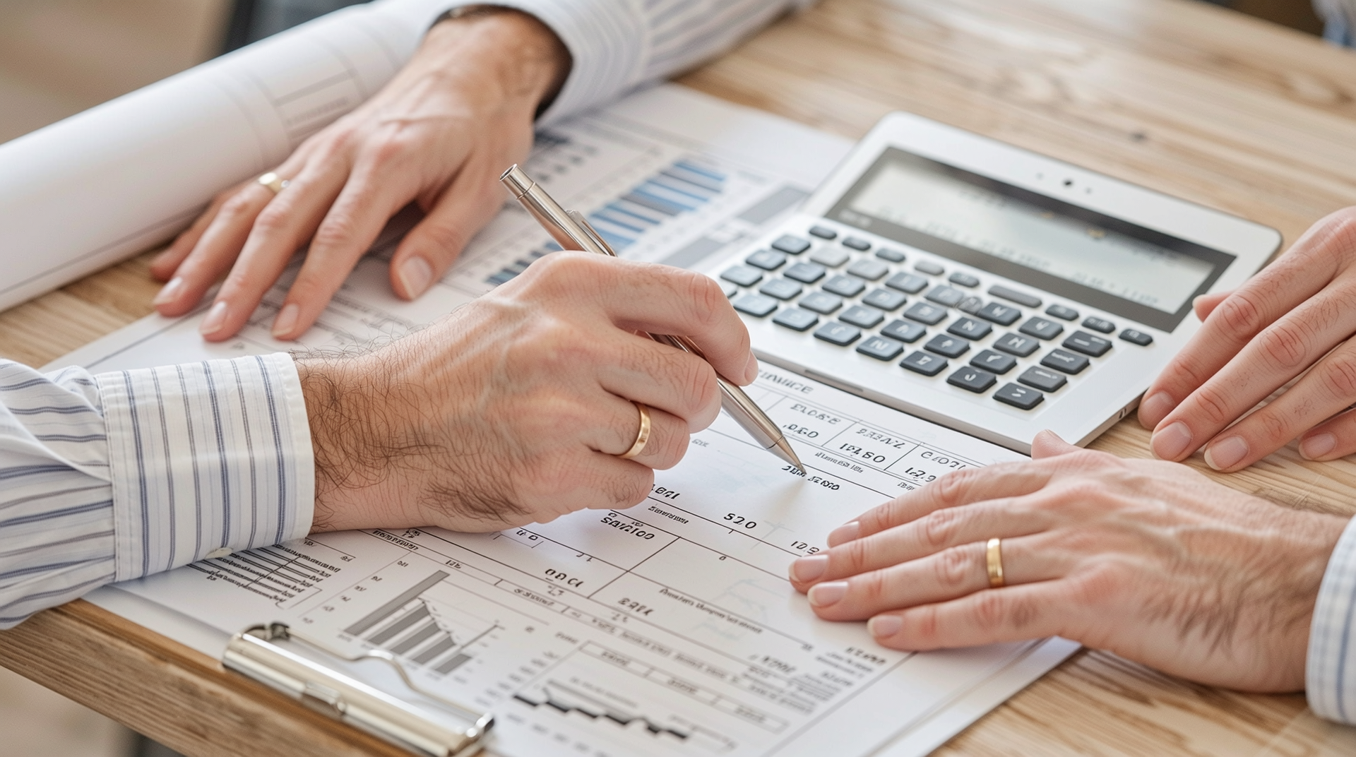 건축가나 시공업체와 상담하며 견적과 자재 선택을 논의하는 전문가 이미지