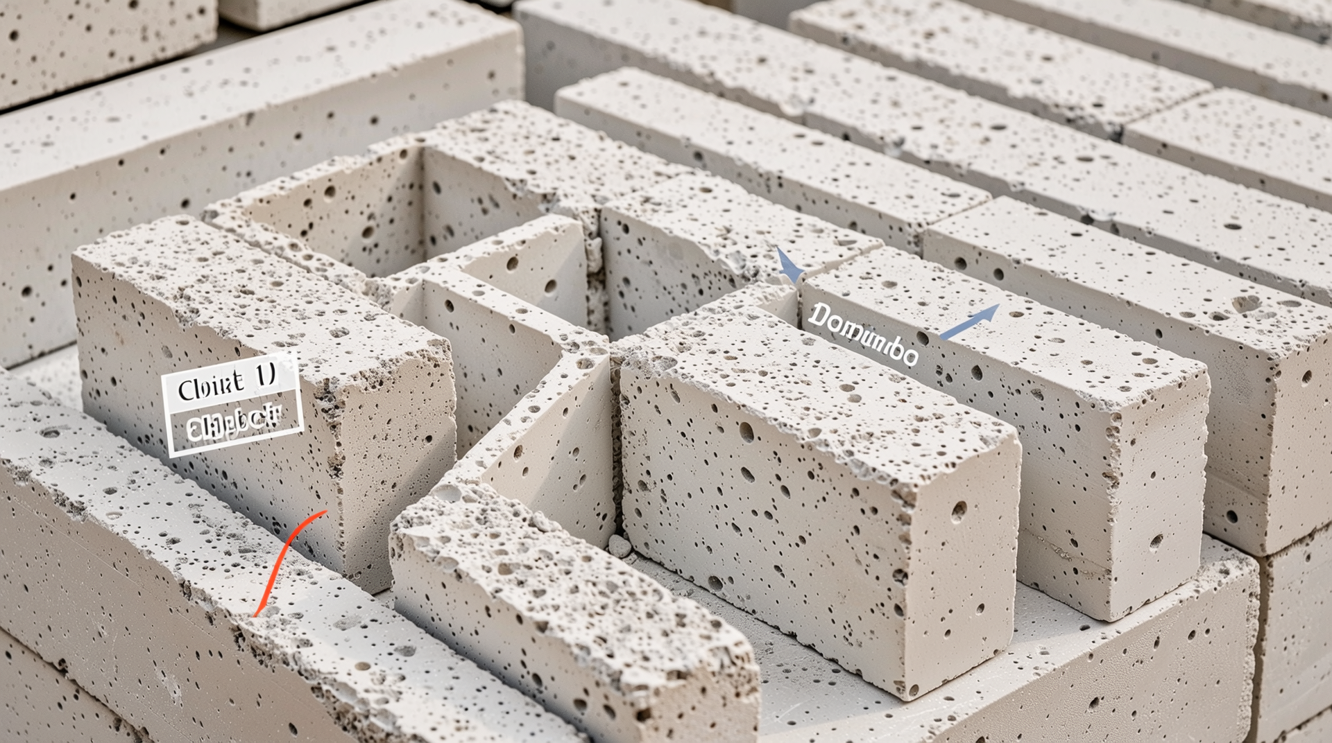 ALC 블록의 단가와 두께별 세부 특징을 보여주는 자세한 클로즈업 이미지