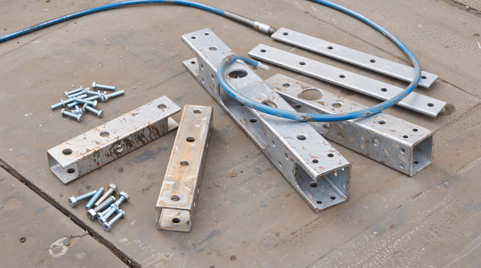 실내외 다양한 하중과 환경에서 사용되는 앵글 브라켓과 재료 및 구조적 차이를 보여주는 산업 현장 이미지