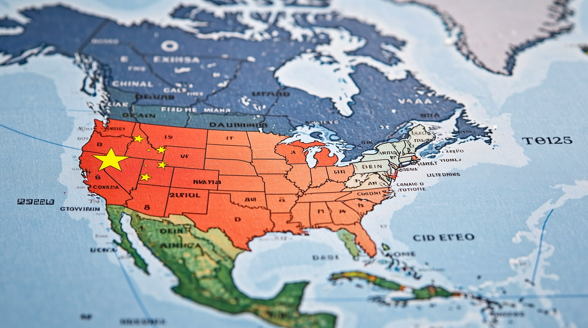 2025년 미국, 중국, 캐나다, 멕시코 중심의 무역보호주의 강화와 관세 정책 변화를 나타내는 세계 무역 지도 이미지