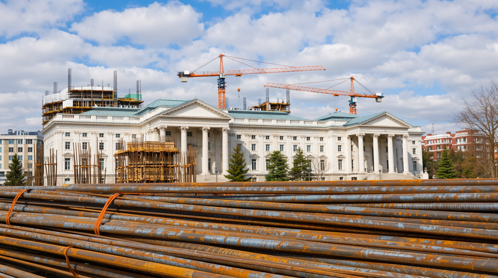 정부 건설 정책과 철근 단가 변동을 상징하는 정부 건물과 철근이 보이는 공사 현장 풍경